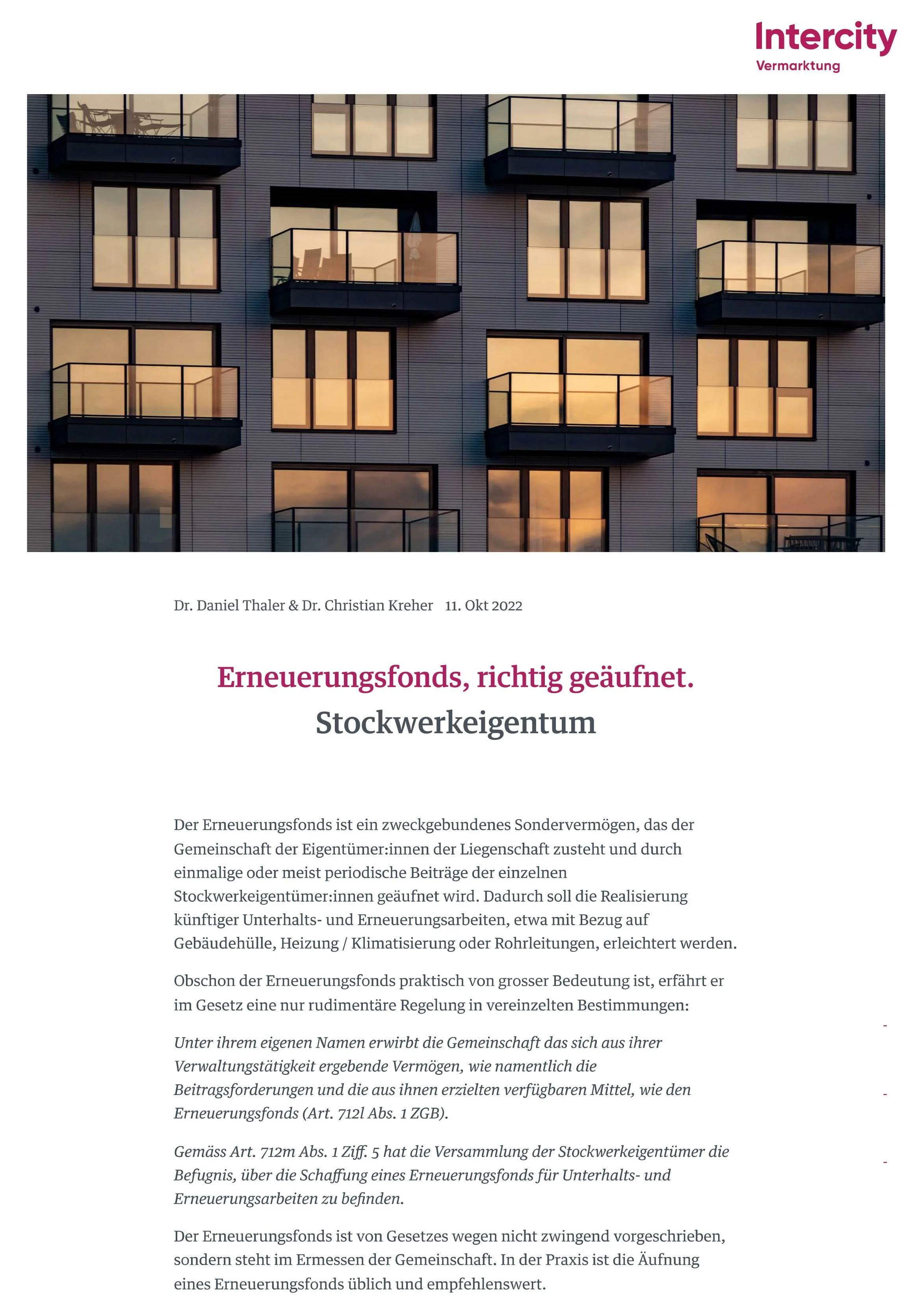 Erneuerungsfonds, richtig geäufnet, Stockwerkeigentum, in: Intercity Vermarktung, Immoblog, 11.10.2022