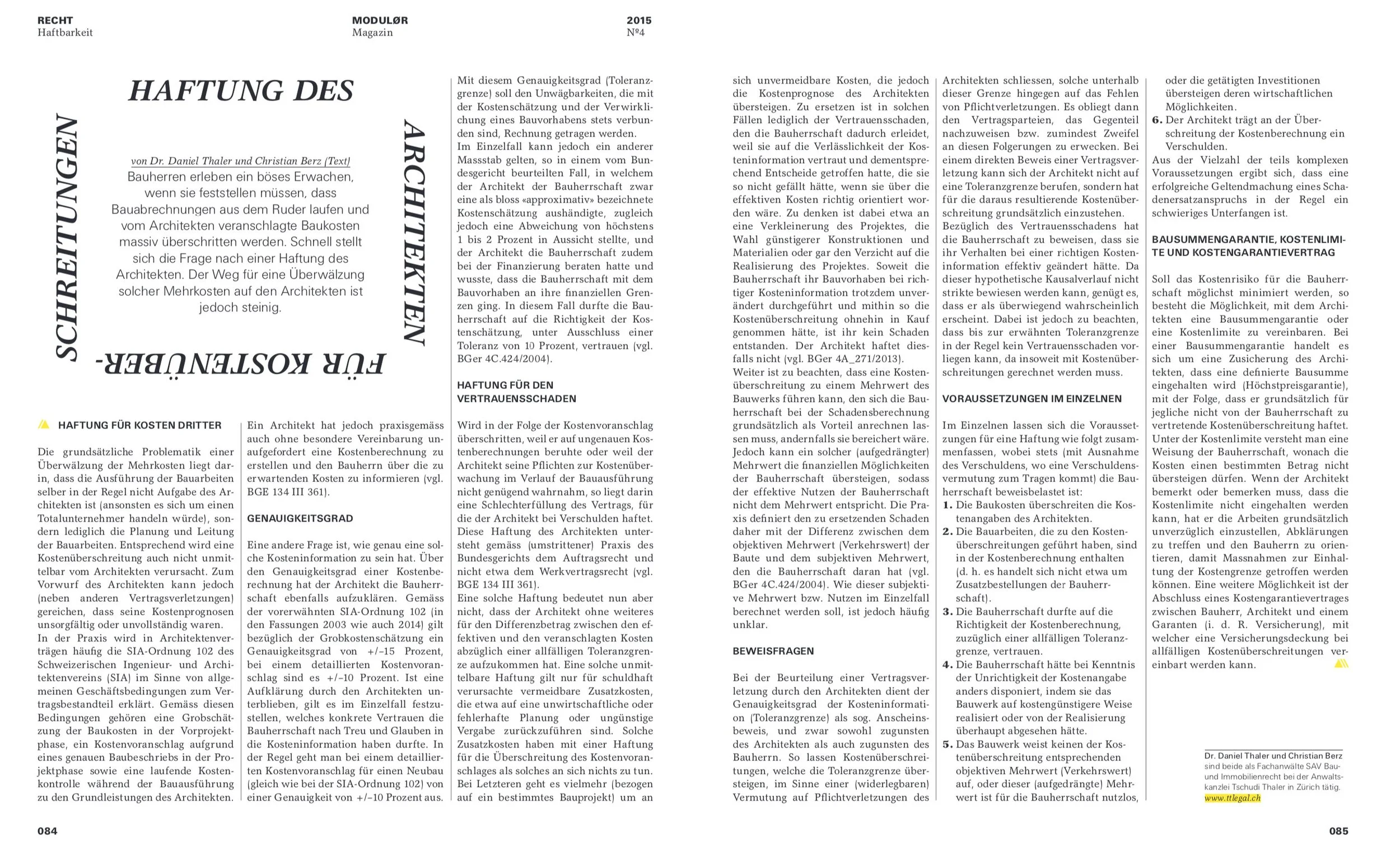 Haftung des Architekten für Kostenüberschreitungen, in: MODULØR 4/2015, 84 f.