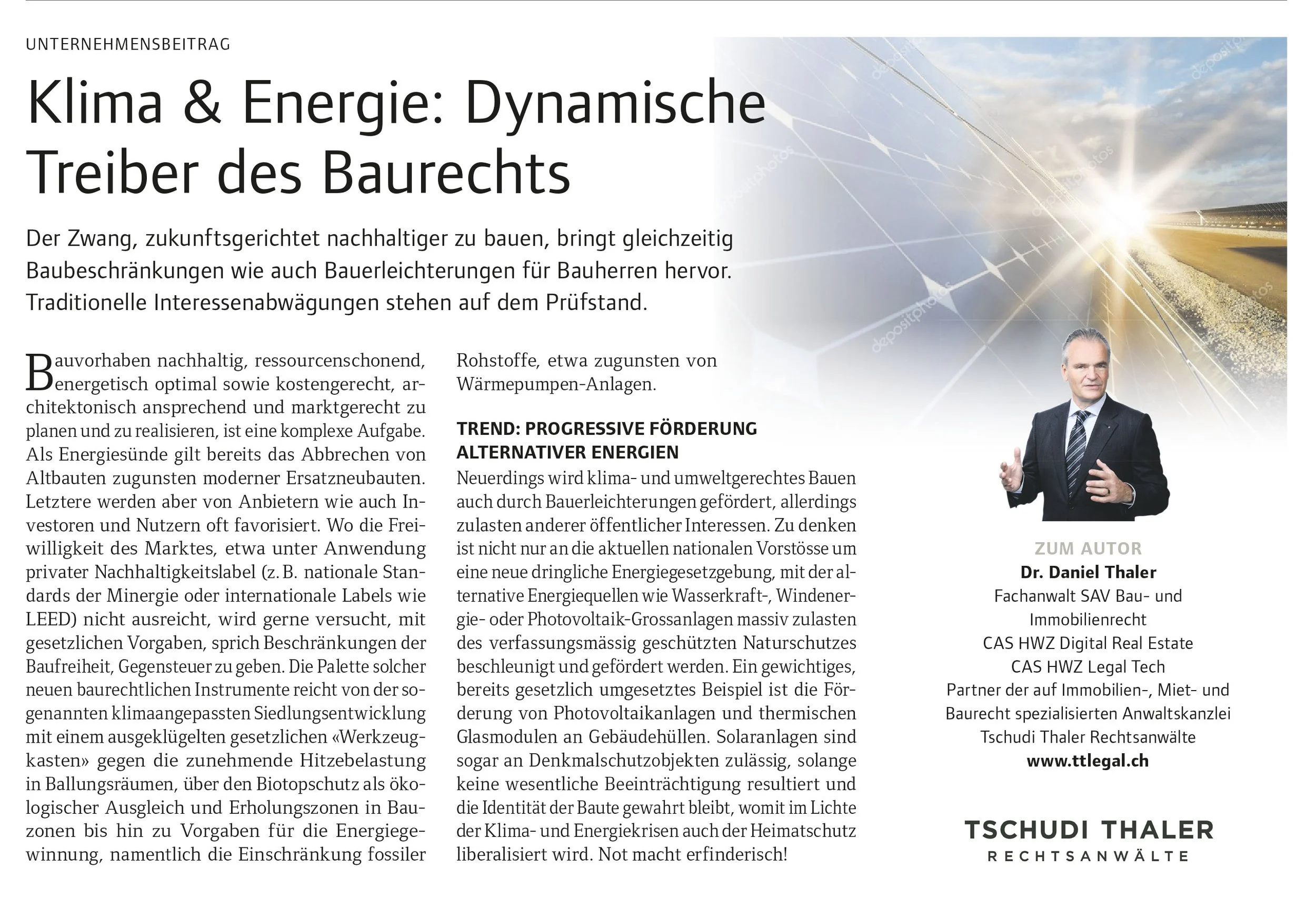 Klima & Energie: Dynamische Treiber des Baurechts, in: MODERNES BAUEN 11/2022, S. 9, SonntagsZeitung, 06.11.2022