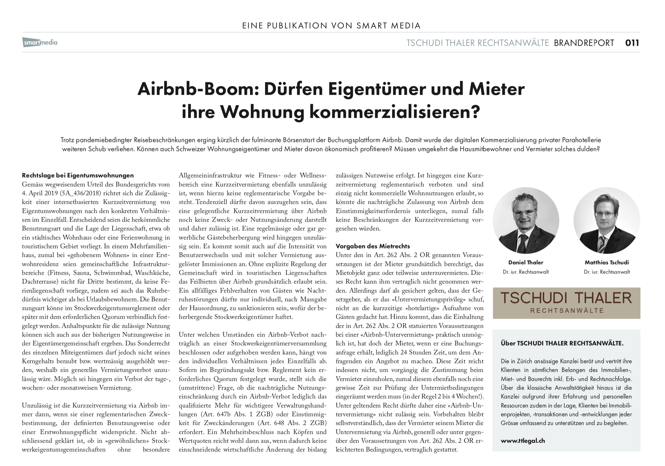 Airbnb-Boom: Dürfen Eigentümer und Mieter ihre Wohnung kommerzialisieren?, in: FOKUS RECHTSGUIDE 2021, Tages Anzeiger 21.01.2021