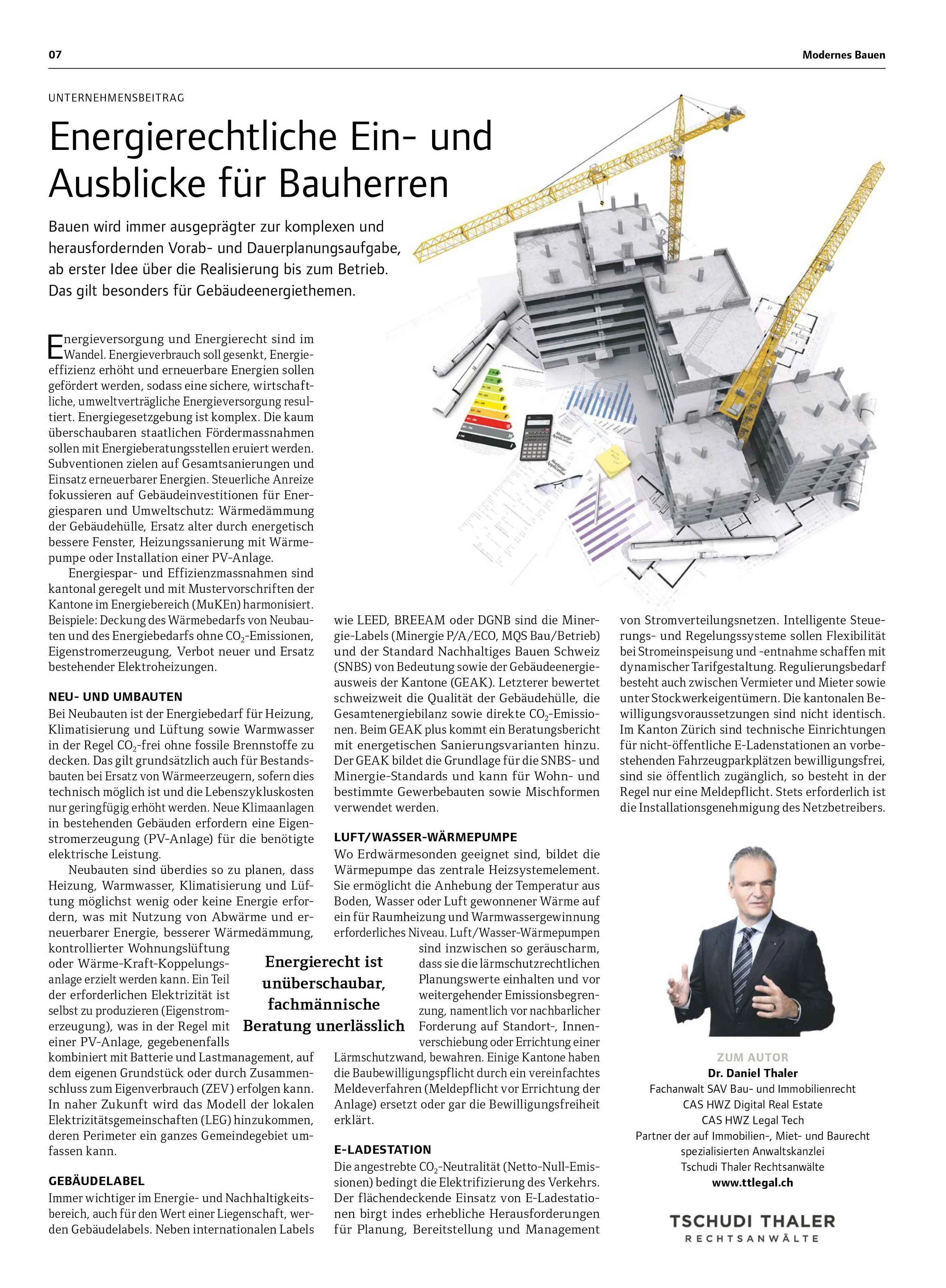 Energierechtliche Ein- und Ausblicke für Bauherren, in: MODERNES BAUEN 11/2024, S. 7, SonntagsZeitung, 24.11.2024