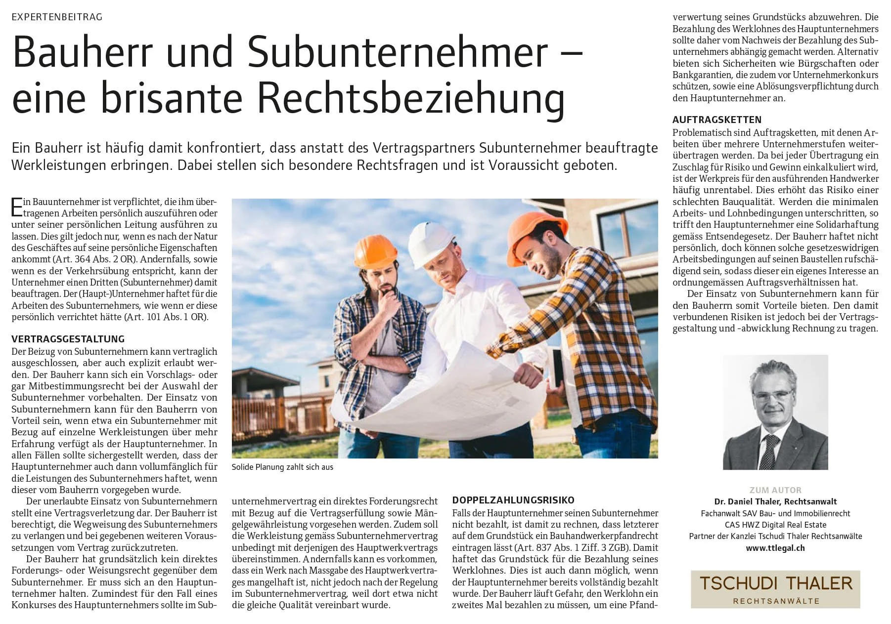 Bauherr und Subunternehmer - eine brisante Rechtsbeziehung, in: Bauen & Wohnen, SonntagsZeitung 09.12.2018