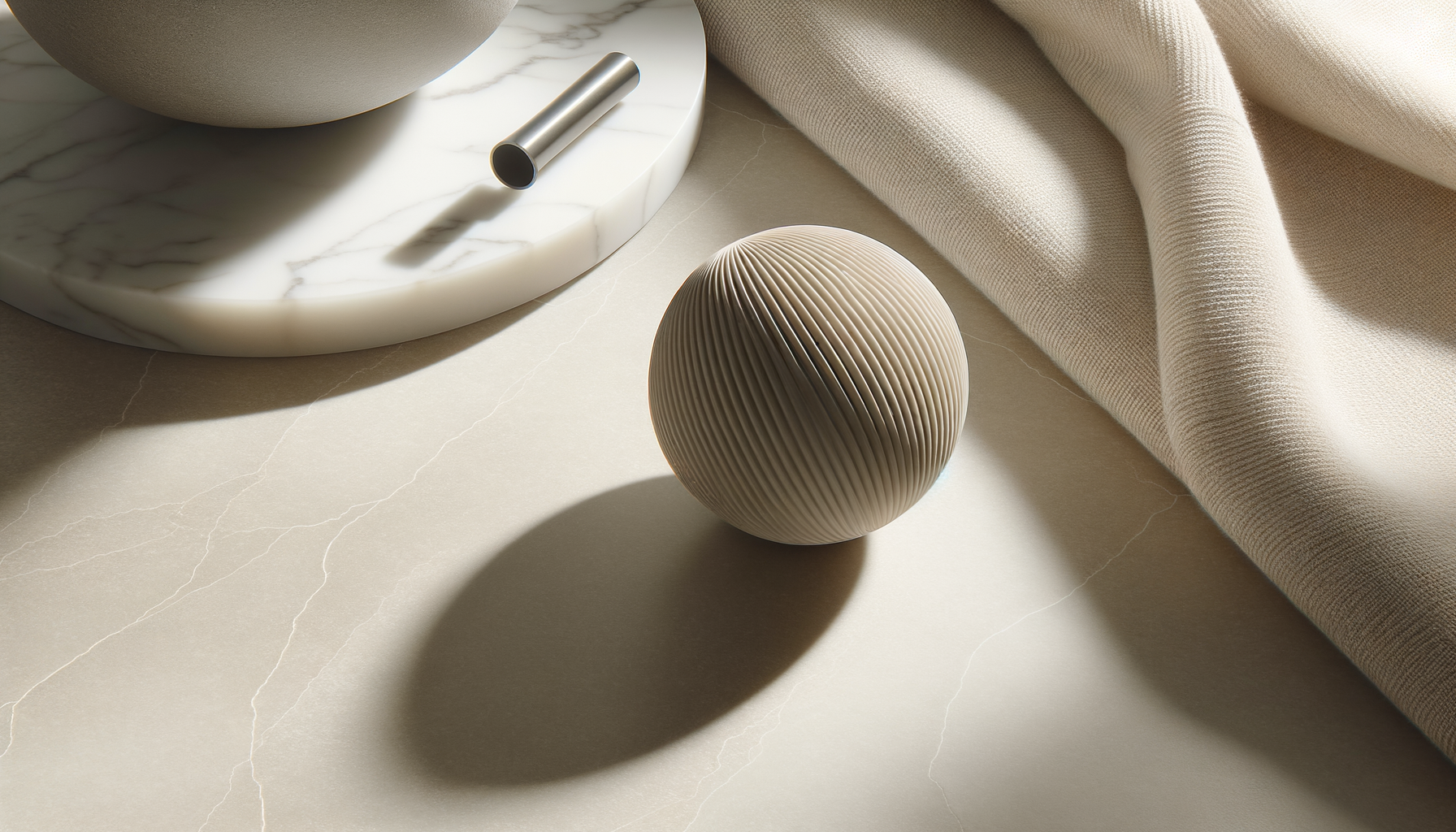 A beige ribbed spherical object on a light-colored surface, next to a piece of fabric and a white marble circular tray with a metallic object on it.
