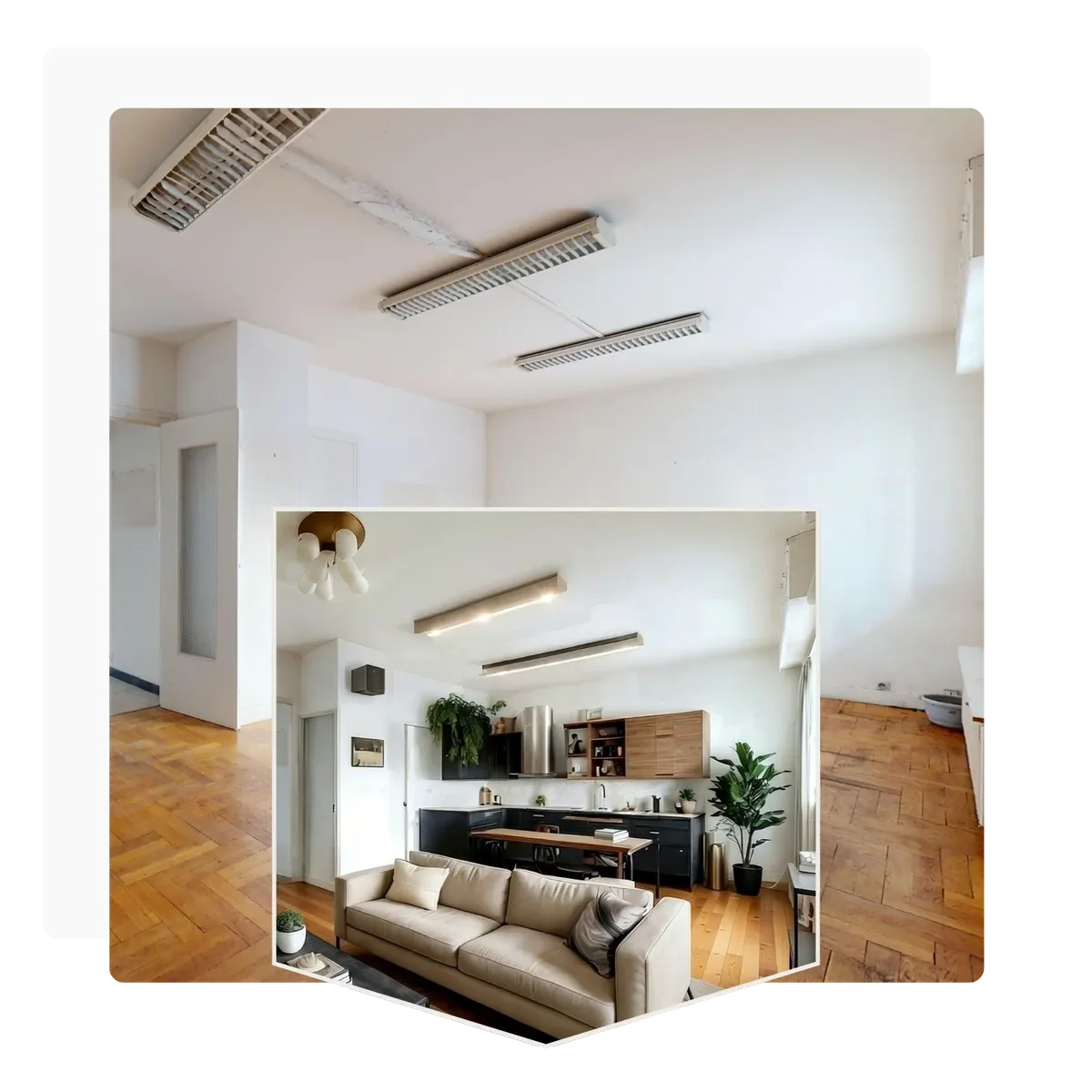 Transformation avant et après réalisée en home staging virtuel dans un appartement