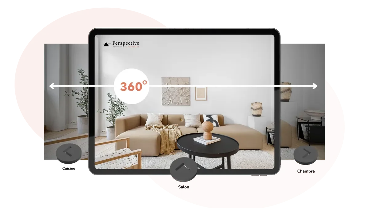 Visite virtuelle 3D immobilier affichée sur tablette, avec navigation 360°, réalisée par Perspective.