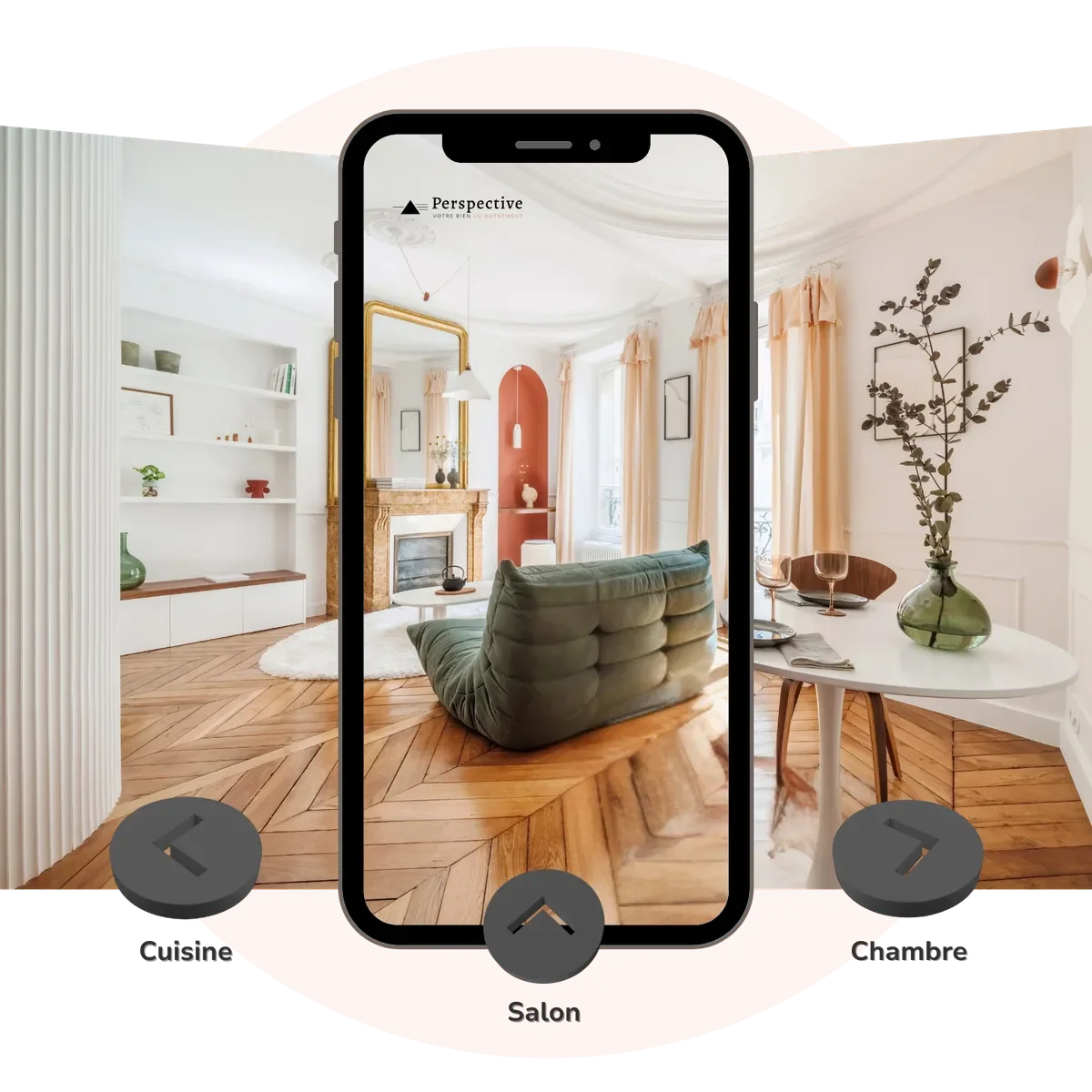 Visite virtuelle immobilière affichée sur smartphone, navigation pièce par pièce.