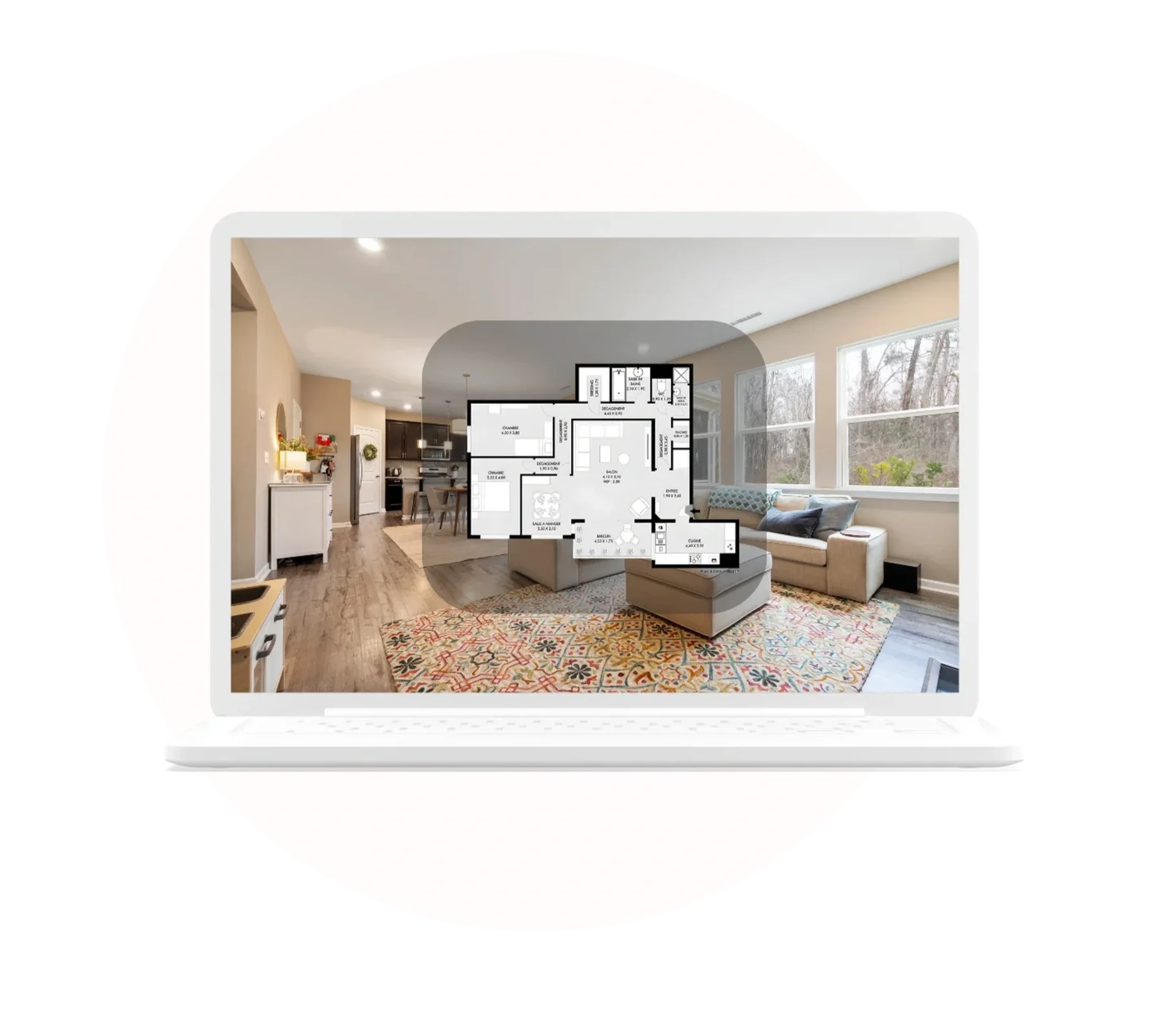 Illustration d’un plan 2D immobilier affiché sur ordinateur avec aperçu de l’aménagement intérieur