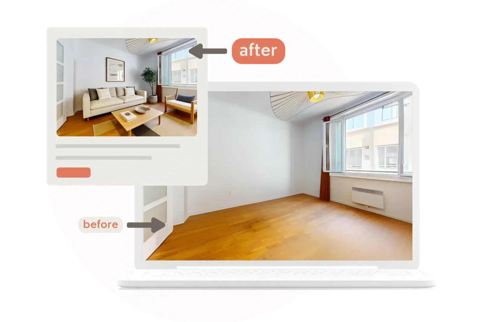 Home staging virtuel immobilier – avant après d’un intérieur aménagé numériquement