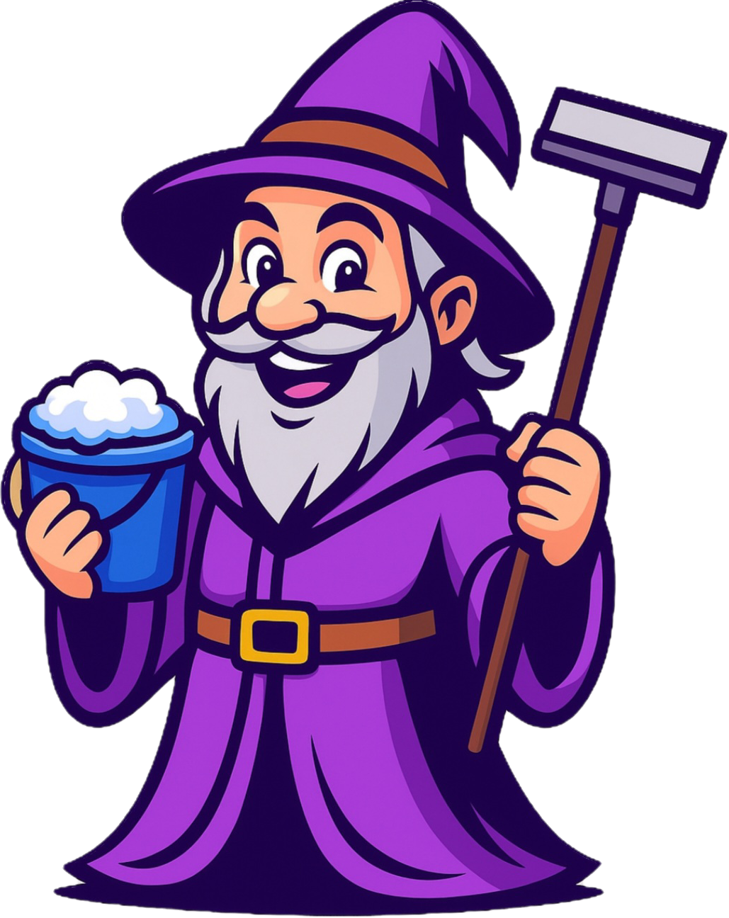 Cartoon wizard dressed in purple robe and hat, holding a bucket of what looks like bubbly, foamy liquid in one hand and a staff in the other.