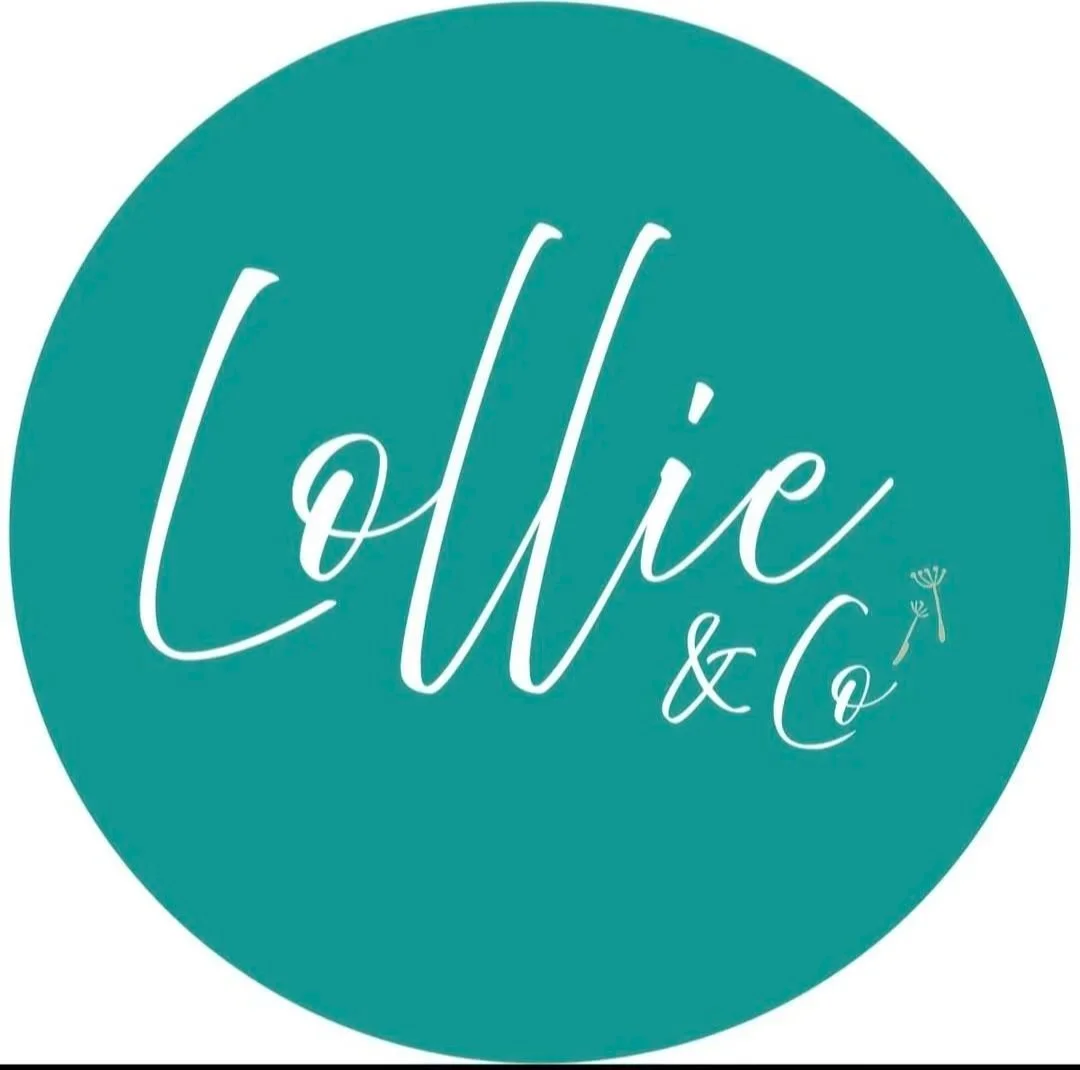 Teal circular logo with the words 'Lollie & Co' in white cursive font, with small floral graphic embellishments.