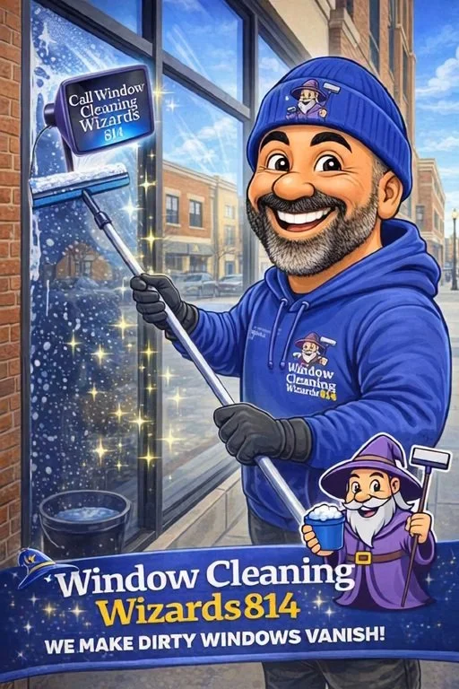 A cartoon illustration of a man cleaning a window with a squeegee, wearing a blue beanie and hoodie with the Window Cleaning Wizards logo, smiling. There is a wizard character holding a cleaning tool, and a sign saying "Call Window Cleaning Wizards 814." The text at the bottom reads "Window Cleaning Wizards 814 - We Make Dirty Windows Vanish!"
