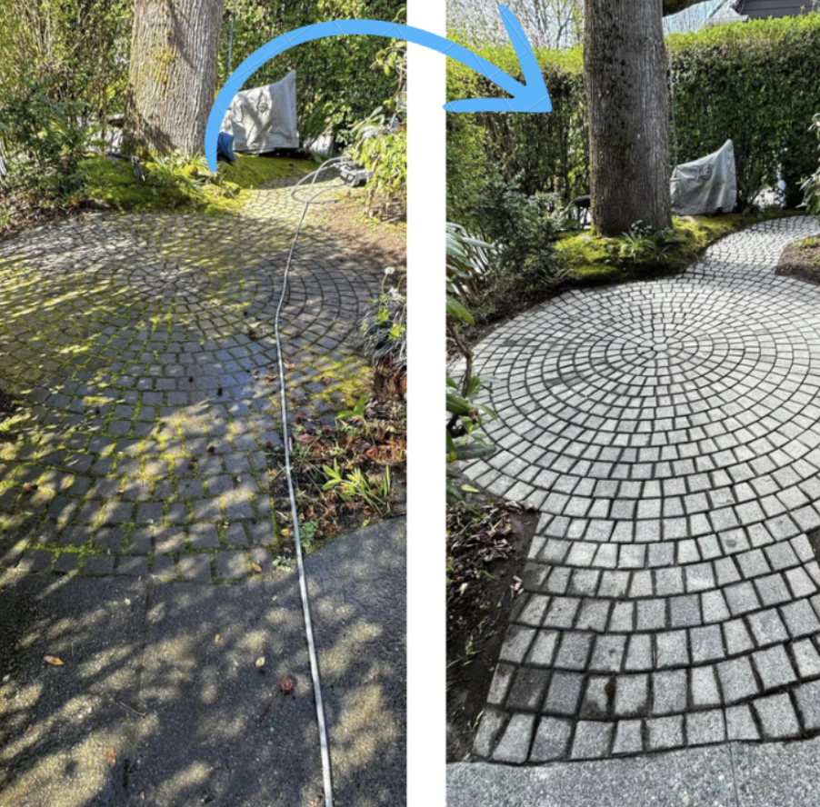 Side-by-side comparison of a garden pathway before and after cleaning and renovation, showing a cobblestone walkway with moss and dirt removed on the right.
