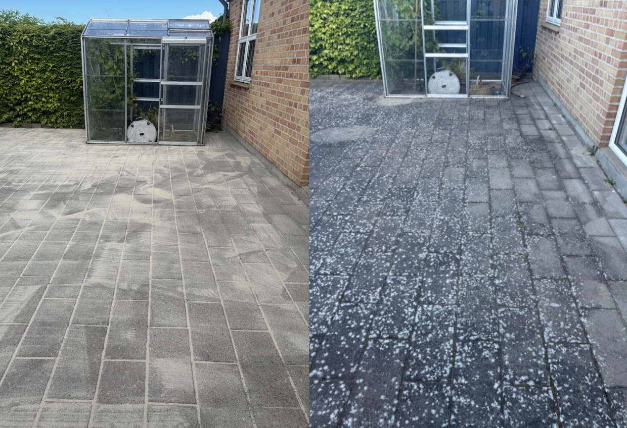Comparison of a clean patio on the left with a lightly snowed or frosted patio on the right, both adjacent to a brick house, with a small greenhouse in the background.
