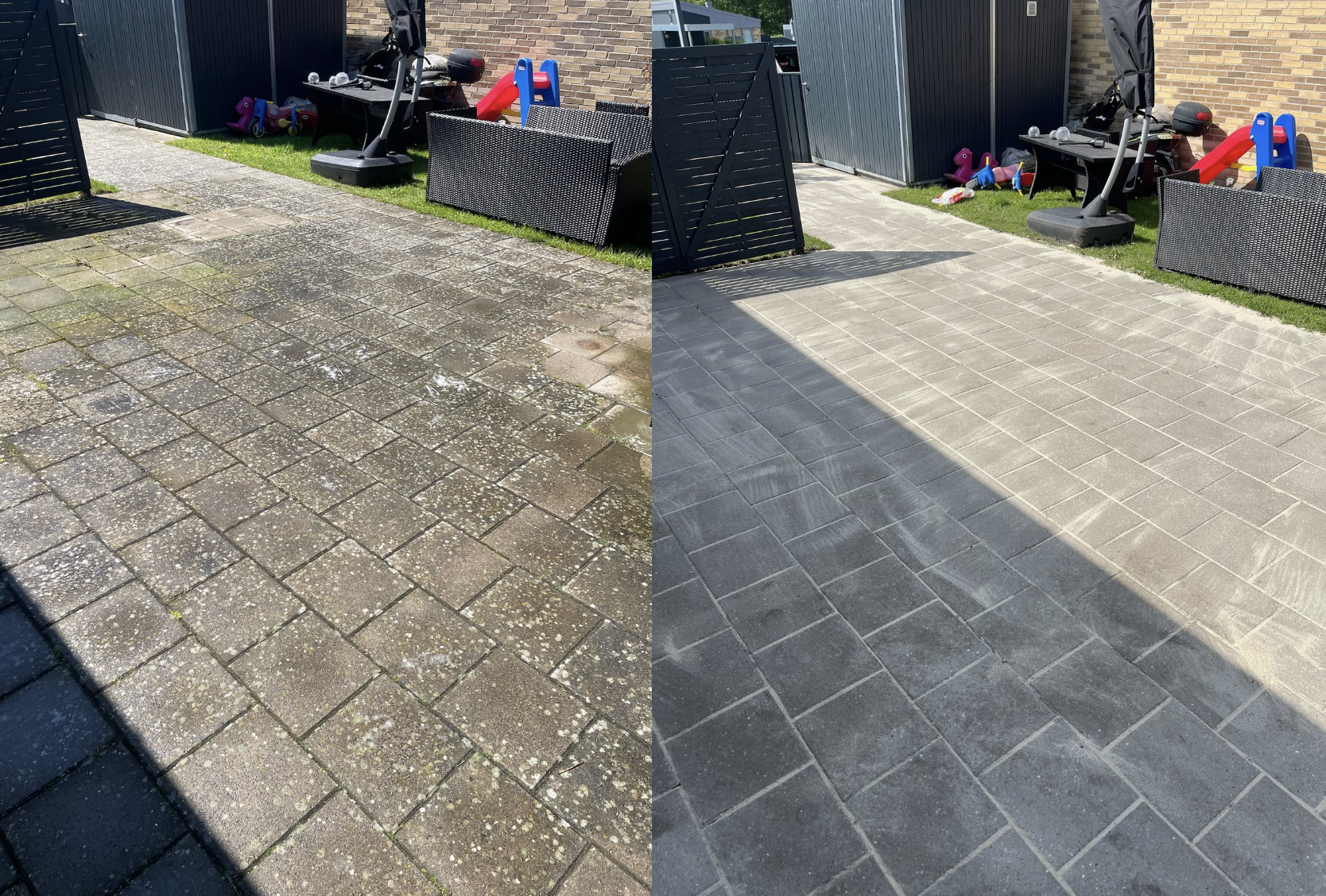 Comparison of a garden patio before and after cleaning, showing dirty, moss-covered bricks on the left and clean, grey bricks on the right.
