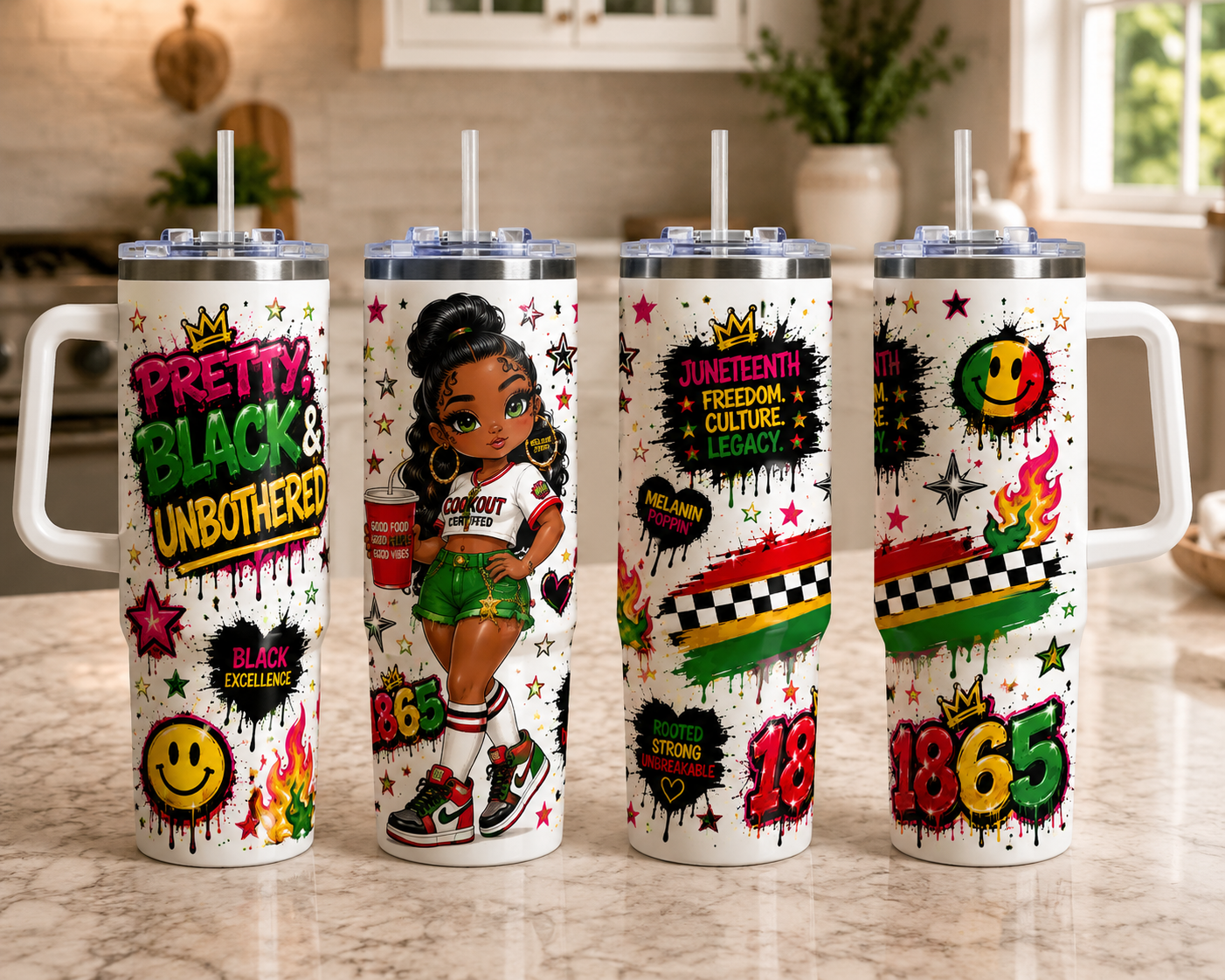 Juneteenth Pretty, Black & Unbothered 40oz Thermal Tumbler — Cute Afro Girl Travel Cup