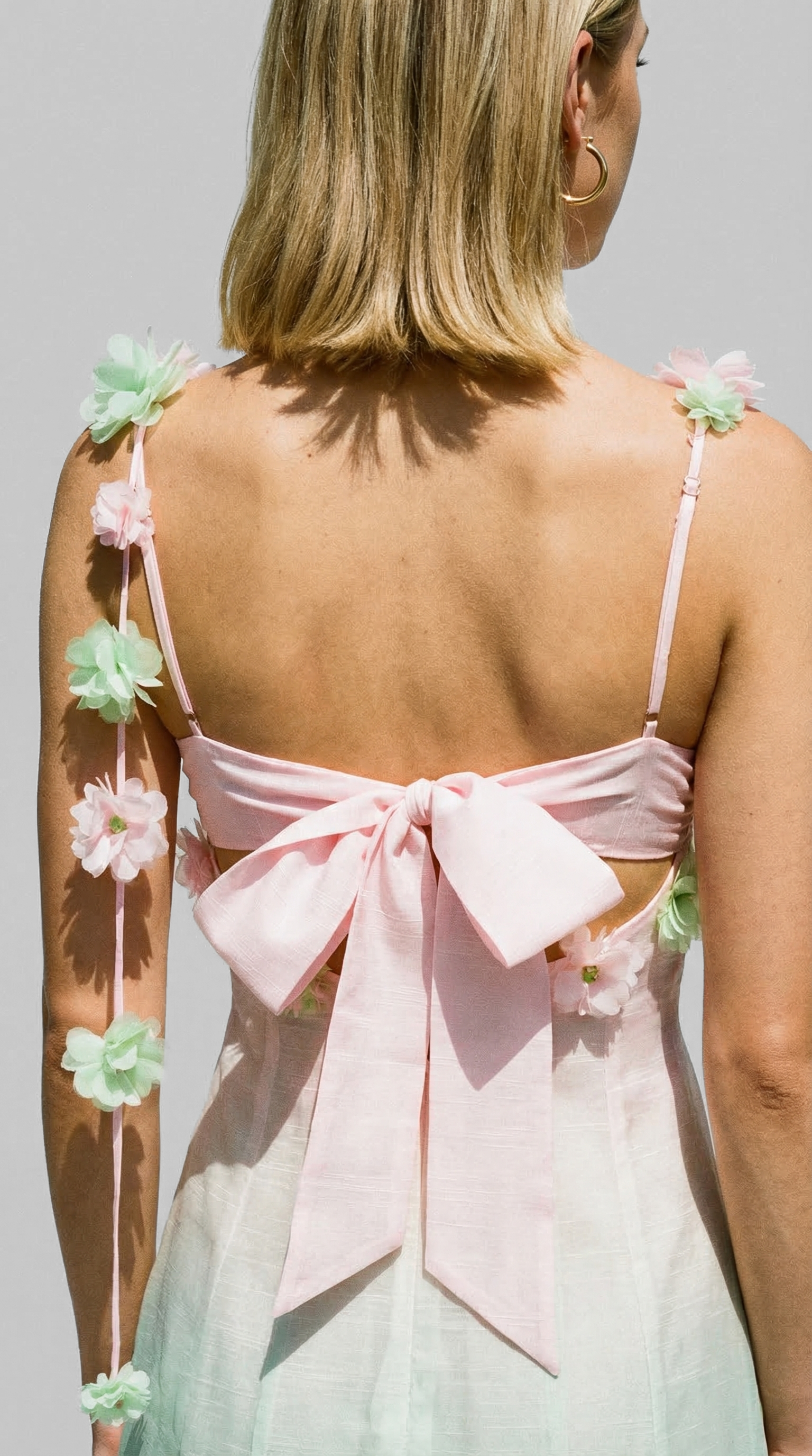 Blush pink and green floral applique occasion dress, island style, summer dress, Madeira.