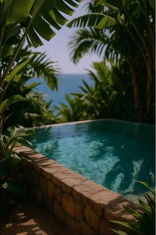 A swimming pool surrounded by tropical greenery with the ocean in the background.