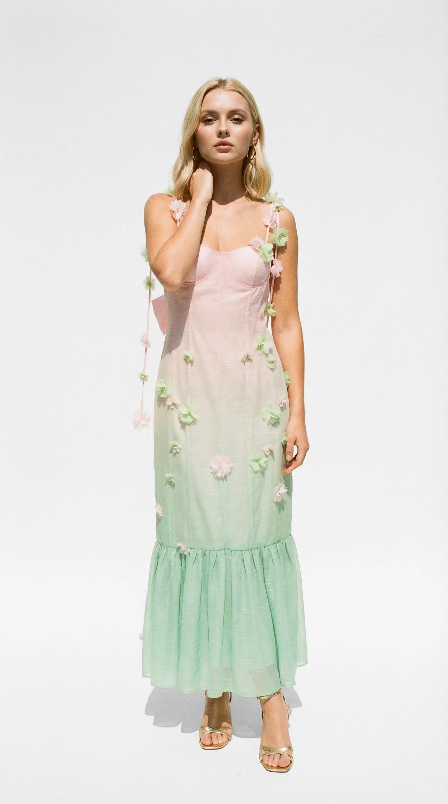 Blush pink and green floral applique occasion dress, island style, summer dress, Madeira.