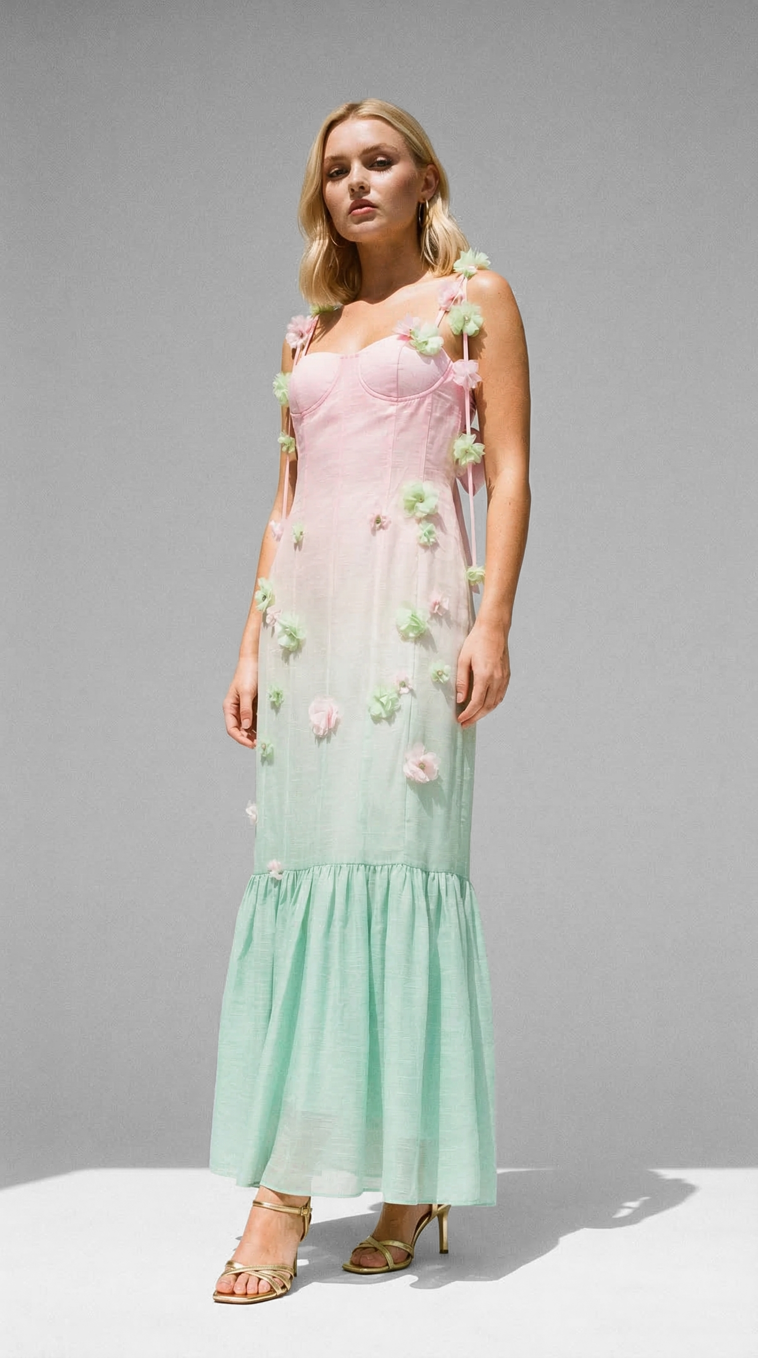 Blush pink and green floral applique occasion dress, island style, summer dress, Madeira.