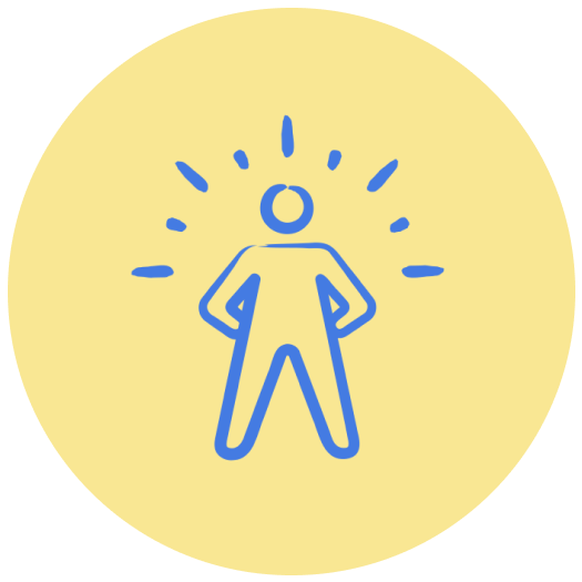 Outline of a person with hands on hips, radiating lines around the head, on a yellow circular background.