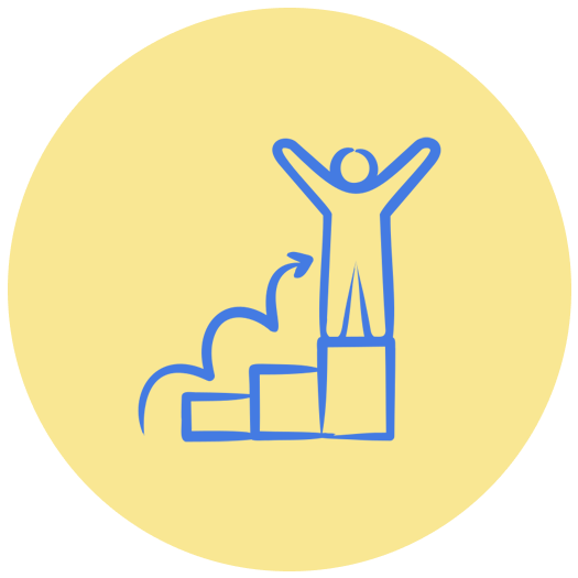 An illustration of a person standing on a pile of blocks with arms raised, showing growth or success, with upward arrows and steam or clouds around the blocks.