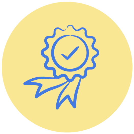 Blue award ribbon with a check mark inside a circle, on a light yellow circular background.