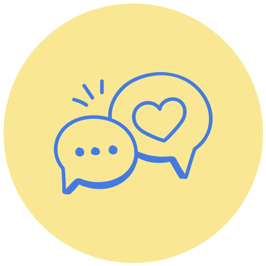 Line drawing of two speech bubbles, one with three dots and the other with a heart, on a yellow circular background.