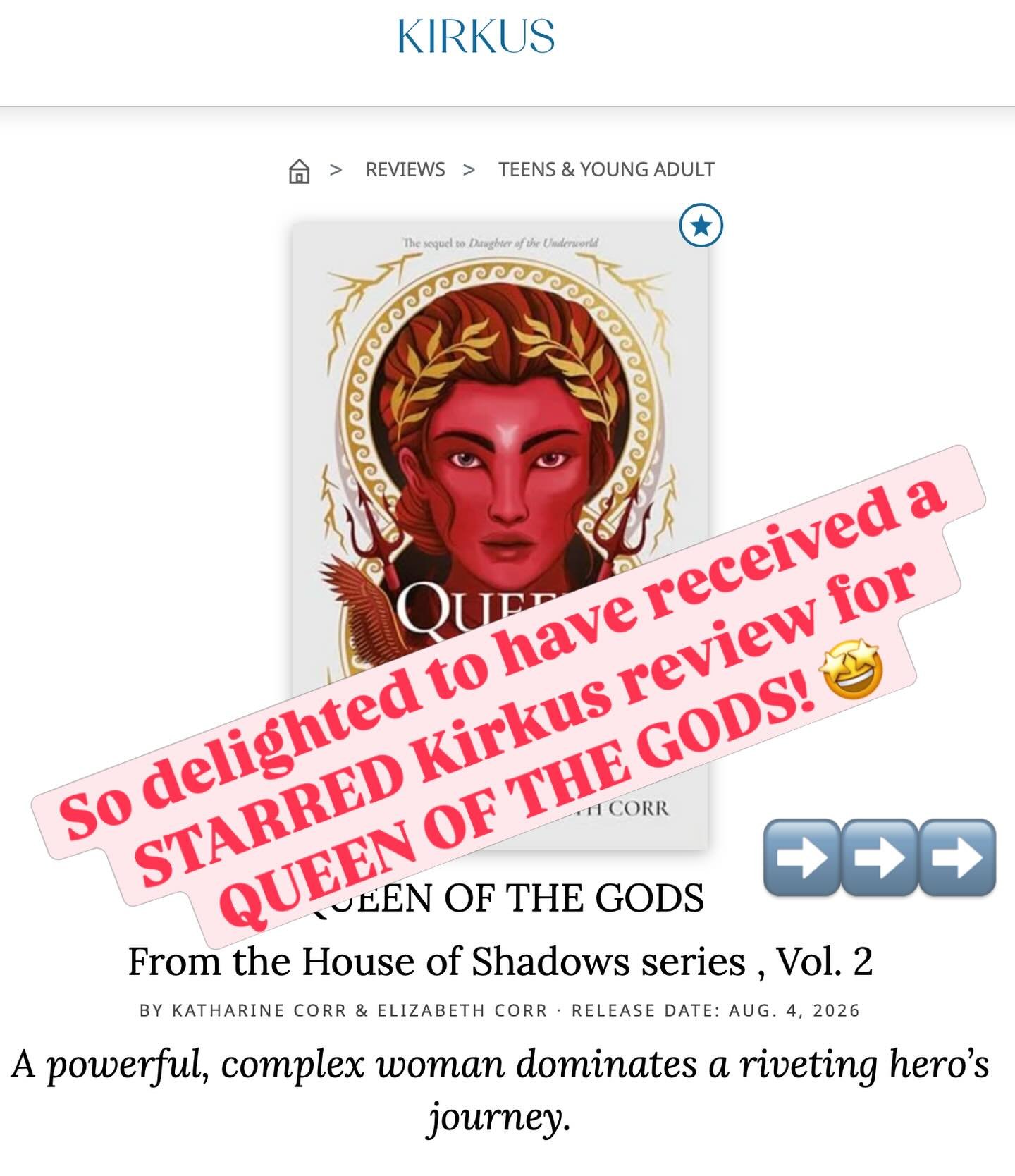 I&rsquo;ve not talked much recently about the YA I write with my sister @lizcorrwrites but I can&rsquo;t NOT be over the moon about our SECOND Kirkus starred review for Queen Of The Gods, the US edition of Queen Of Gods, which is out there in August.