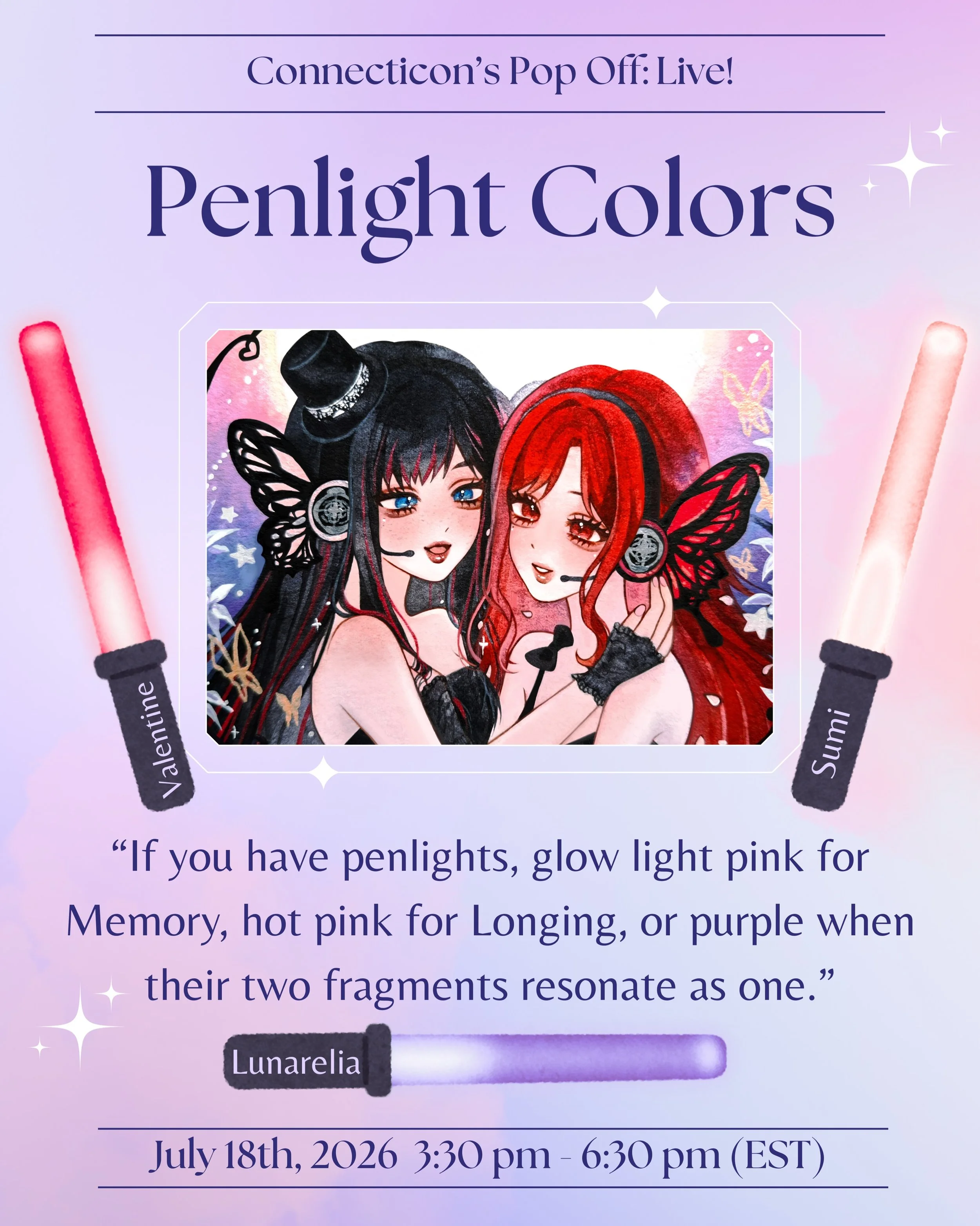 We are so excited to share our character and group penlight colors with you!

🌸 Sumi&rsquo;s character color is light pink, representing the fragment of memory she carries from the Lunarelia bloom.

🌺 Valentine&rsquo;s character color is hot pink, 