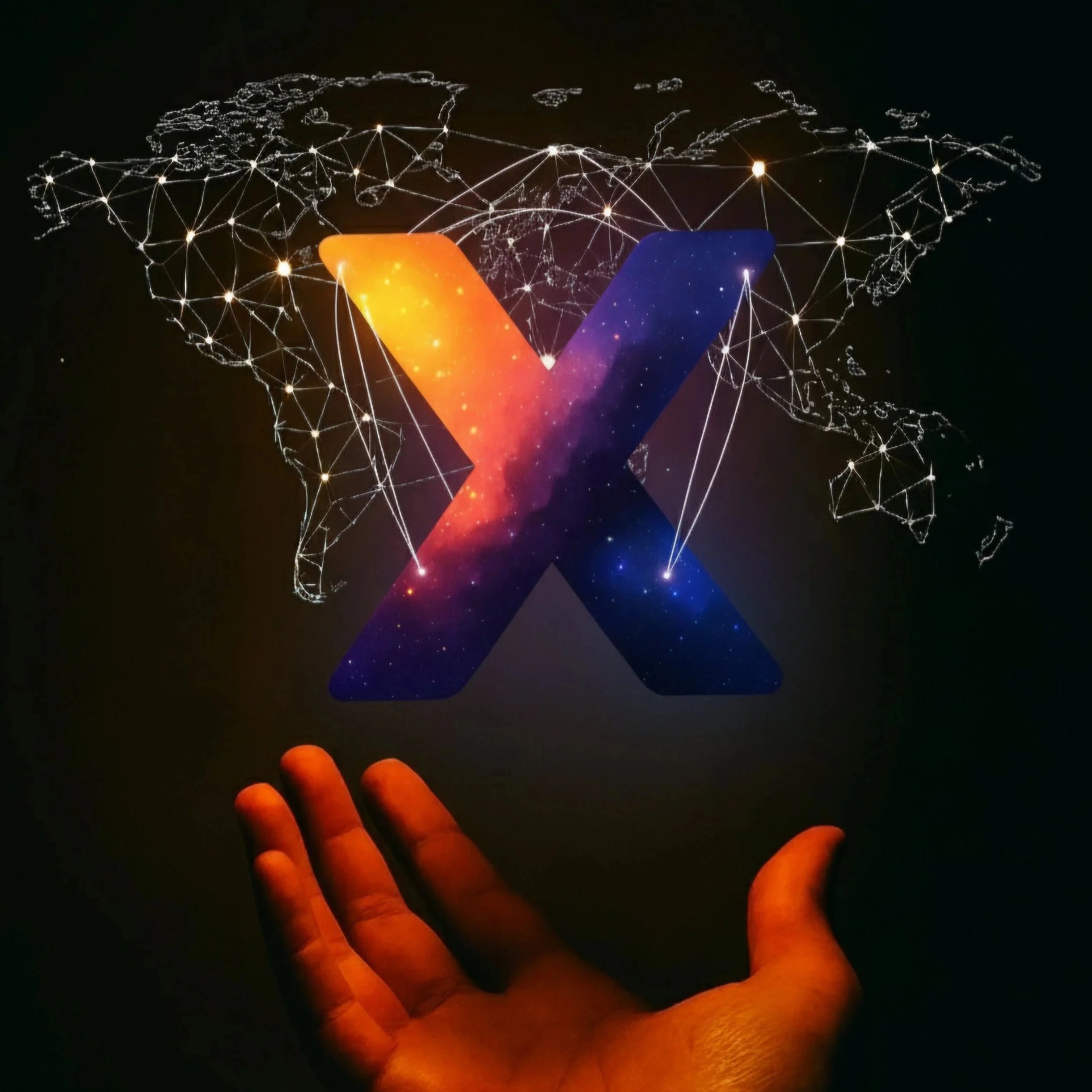 People in business attire and robots using augmented reality holograms in front of futuristic office buildings, with digital icons representing communication, technology, and innovation hovering above.