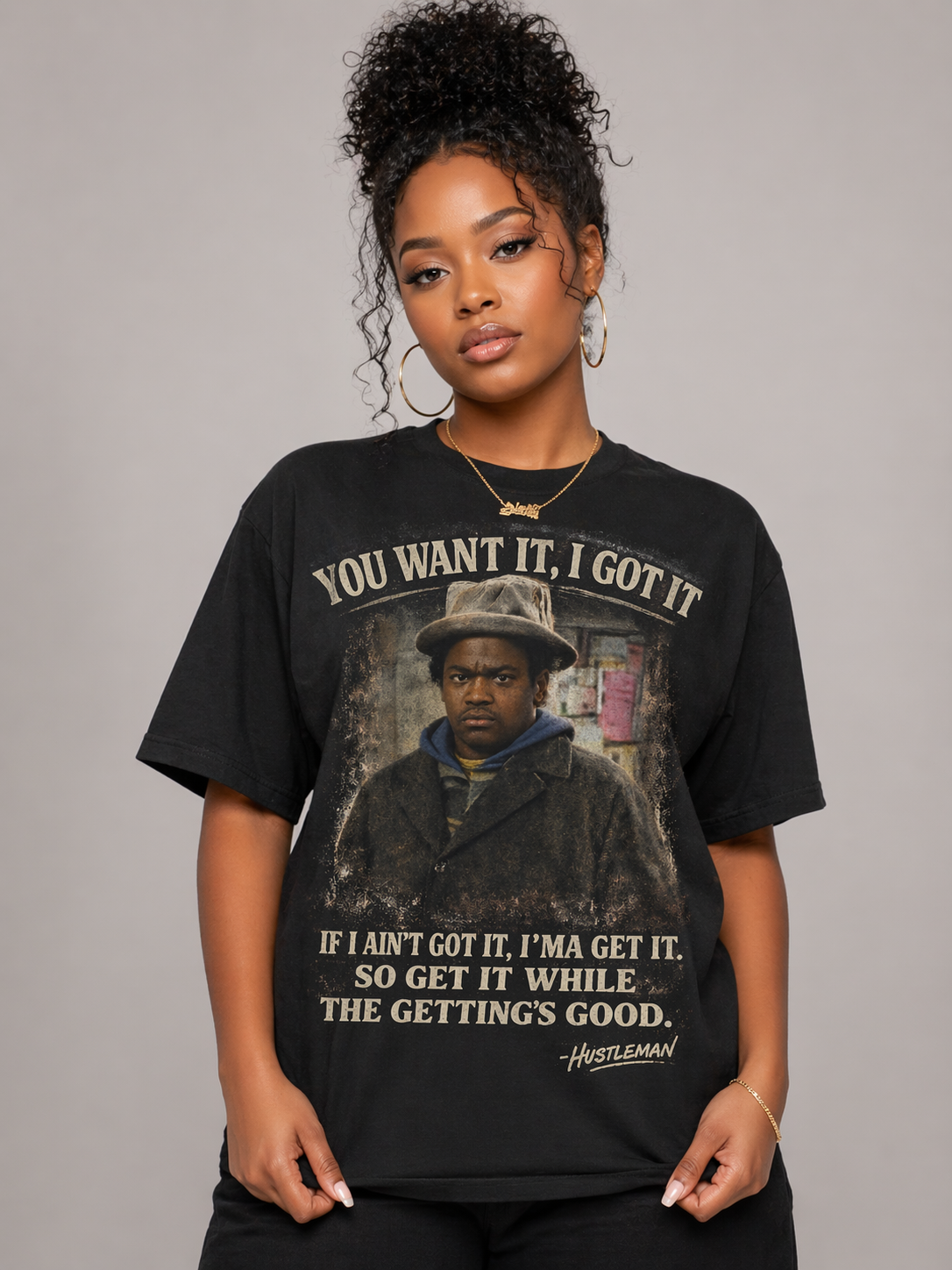 Hustleman Female Model T-Shirt.png