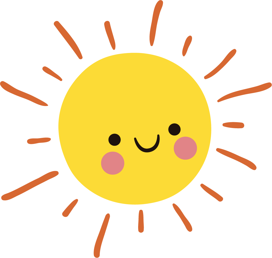 Un sole sorridente con occhi neri, guance rosate e bocca sorridente, circondato da raggi di colore marrone.