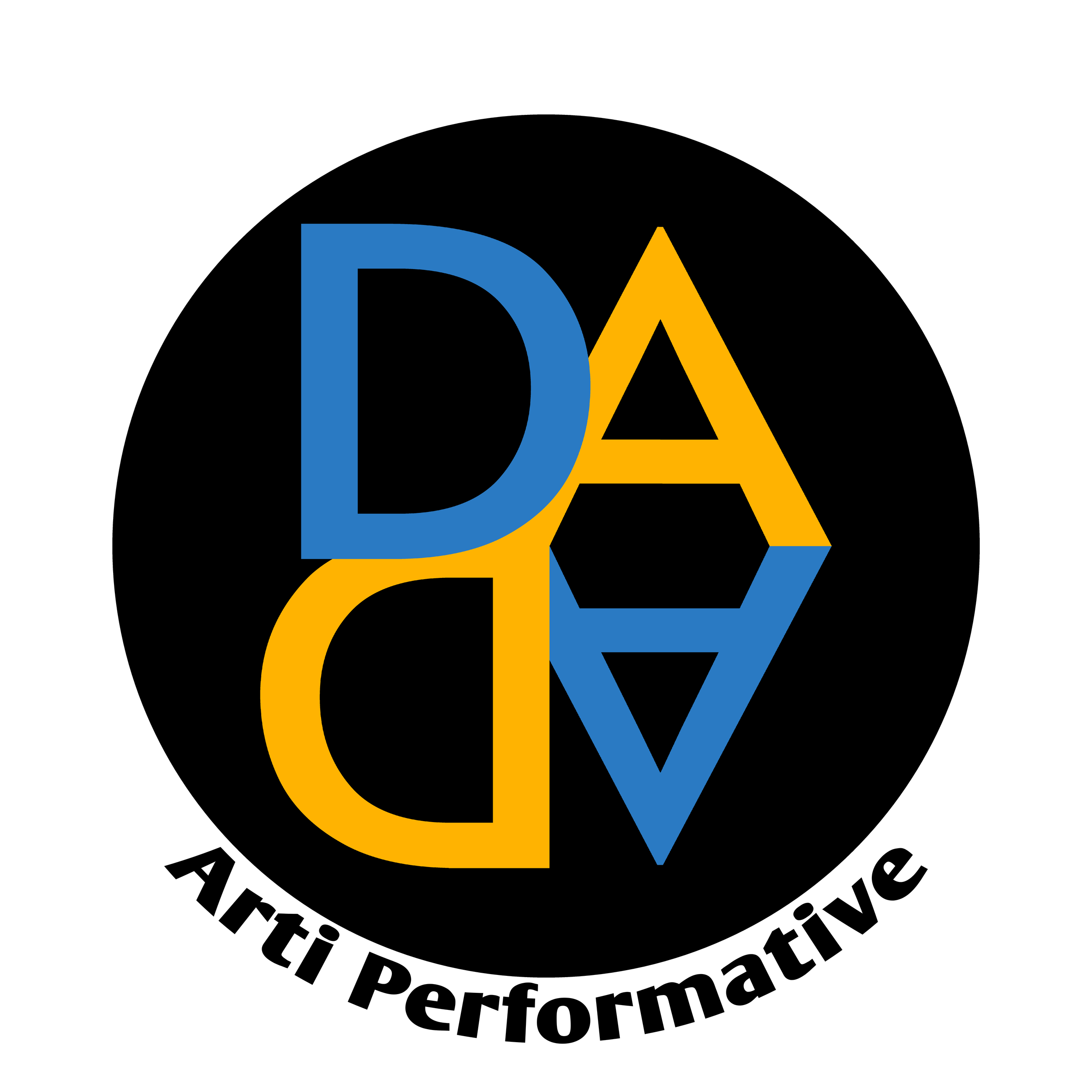 Logo con lettere blu, gialle e nere su sfondo nero.