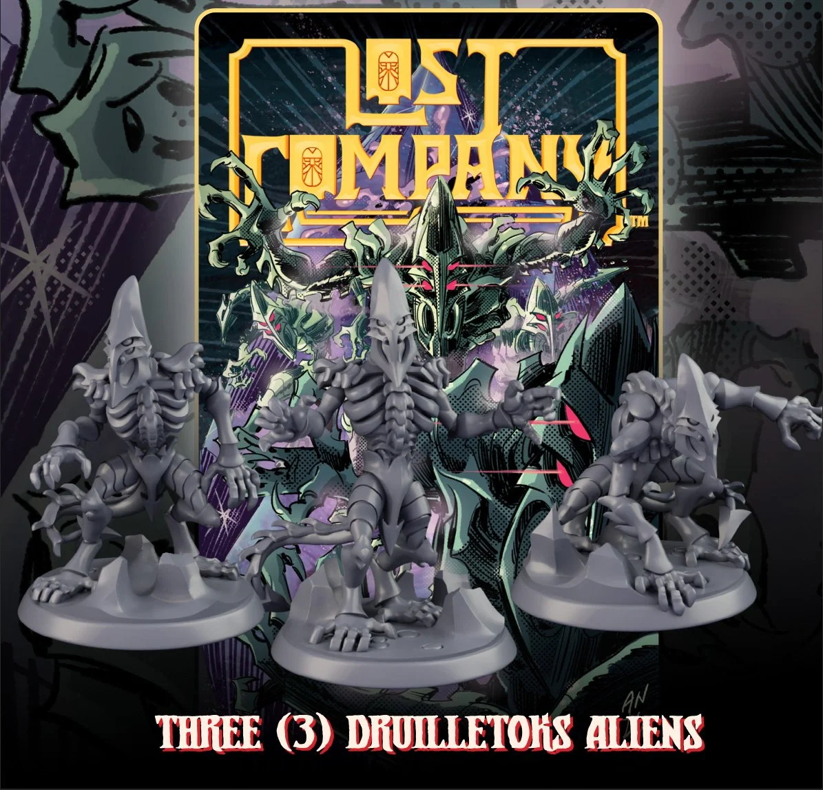 Three gray miniature figurines of aliens with insectoid features, large heads, and elongated limbs, posed on circular bases in front of a colorful comic-style poster for the game 'Last Omarn'.