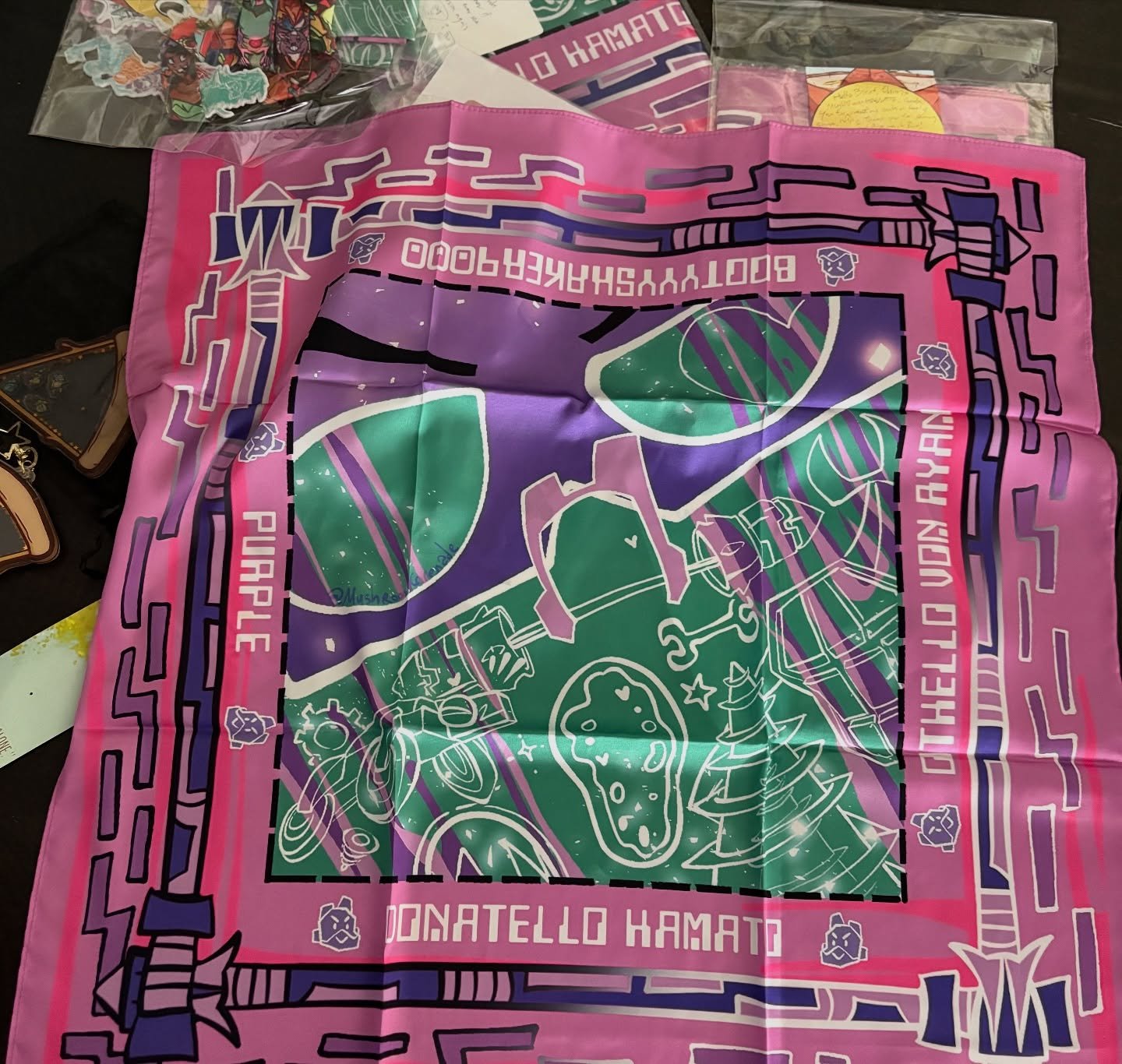 Another surprise from @mushroomgrenad a few months back! Donatello bandanas!? Can you believe that? It&rsquo;s comfortable too! Just the way he would like it! A couple of extras for the gang too lol! Come grab yours @brandonsmithceo!! 
A thank you to