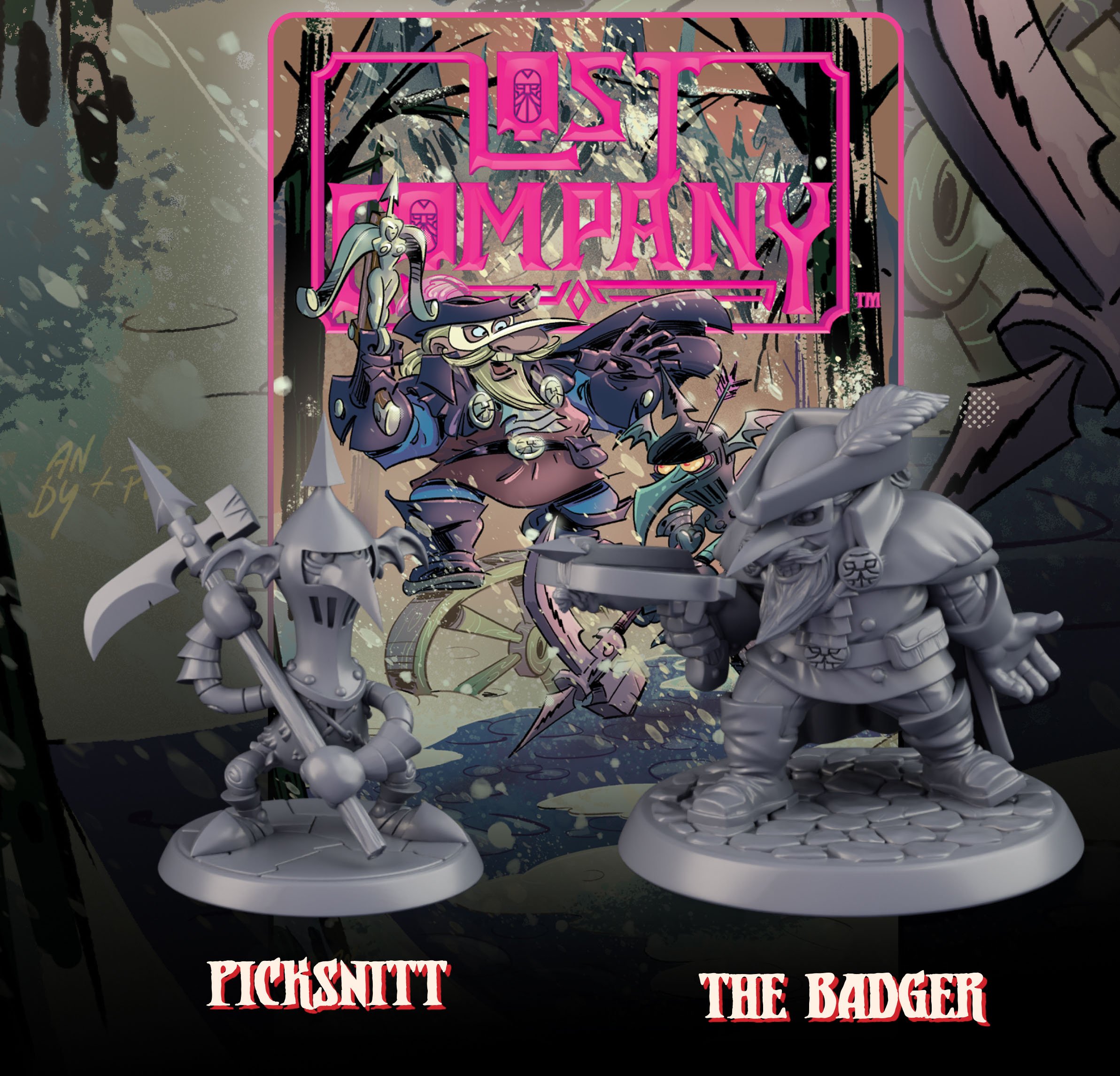 A colorful board game box art titled "Last OMFANGY" with three gray game miniatures labeled "Picksnitt" and "The Badger" in front. The background features cartoon-style characters and a forest scene.