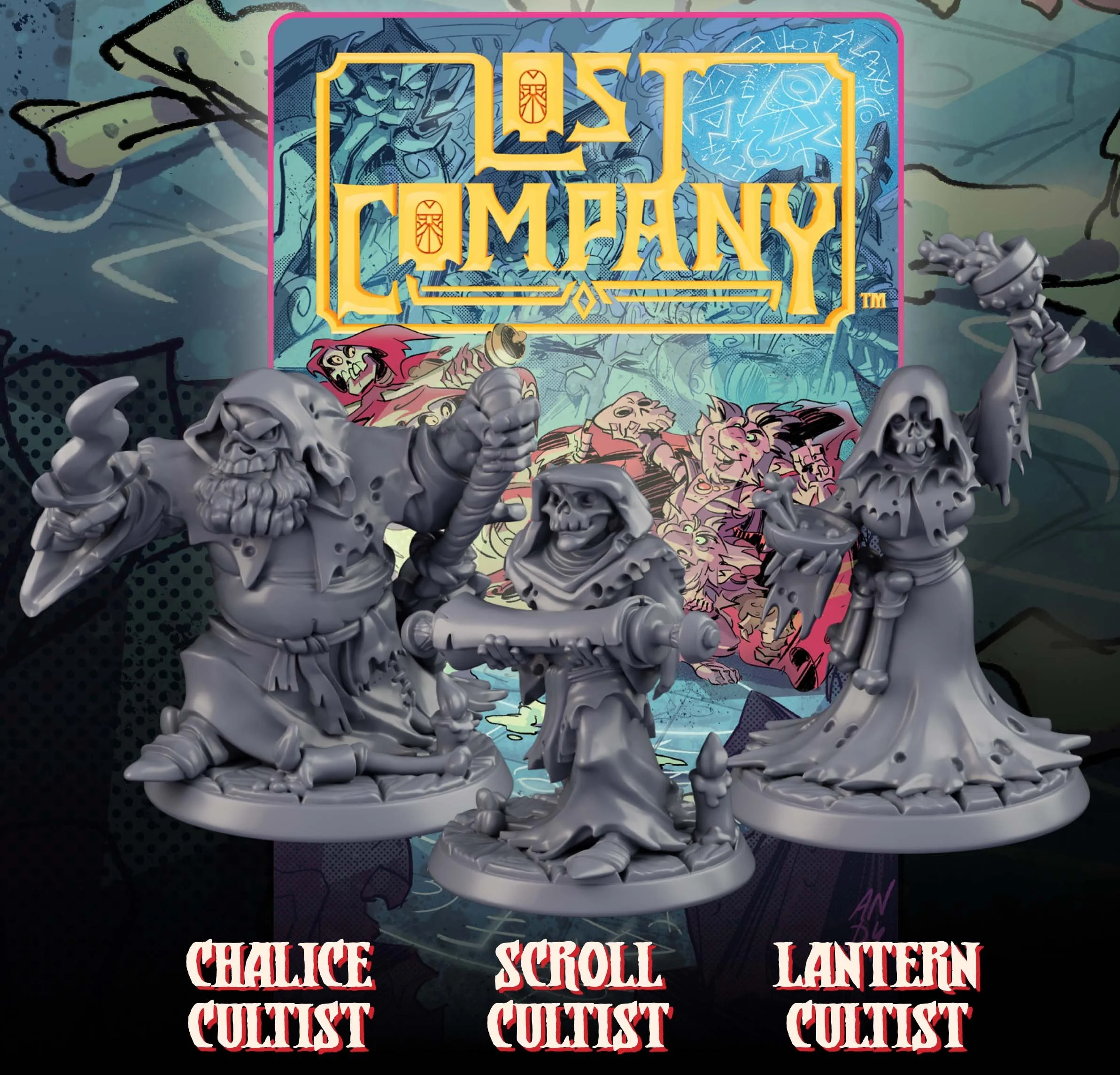 Three miniature figurines of ghostly, skeletal-looking characters, each labeled as a cultist with a different theme: chalice cultist, scroll cultist, and lantern cultist. They are posed in front of a colorful comic-style background with the title "Lost Omens" at the top.