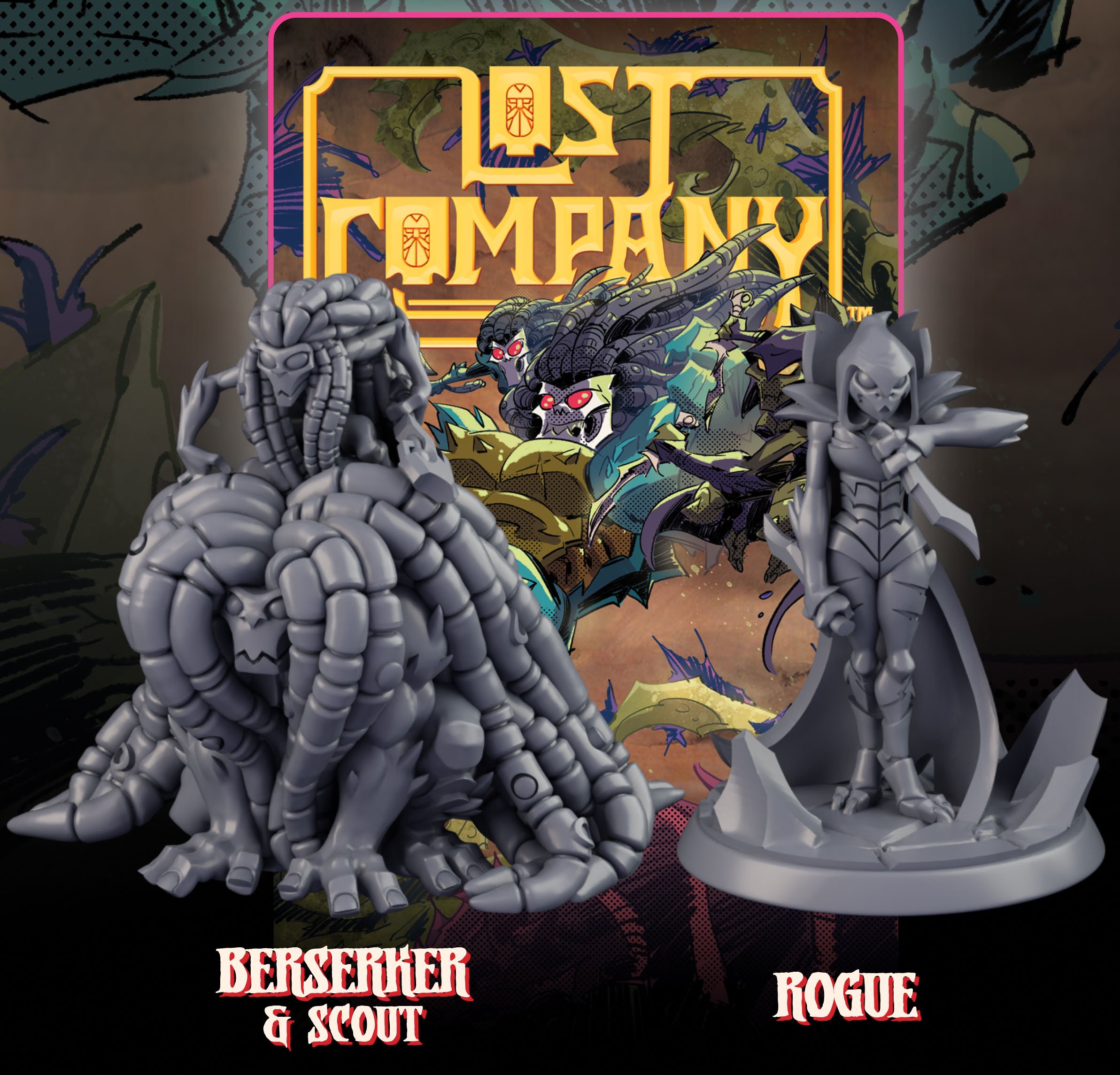 Two gray miniature figurines from the board game 'Lost Companions' titled 'Berserker & Scout' on the left and 'Rogue' on the right, with a colorful game cover featuring mythical creatures and characters in the background.