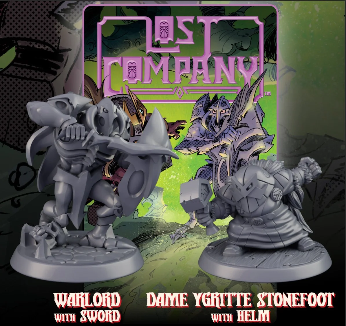 Unassembled miniature figures of Warlord with sword and Dame Ygritte Stonefoot with helm from a tabletop game, set against a fantasy-themed box art background with characters and game title.