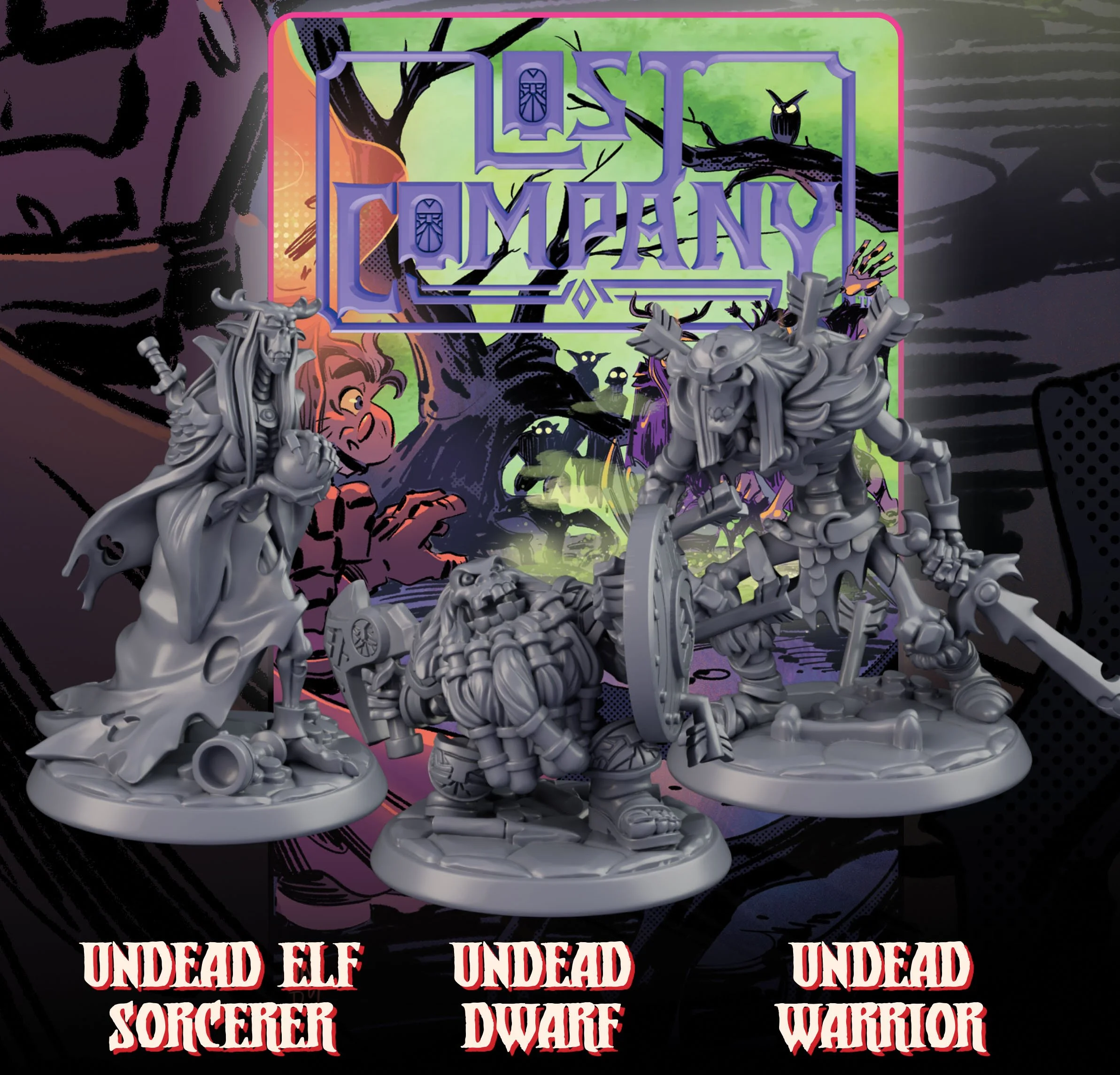 Unpainted miniature models of an undead elf sorcerer, undead dwarf, and undead warrior in front of a fantasy-themed artwork for the game "Lost Omens" with a green and purple background featuring trees and mysterious figures.