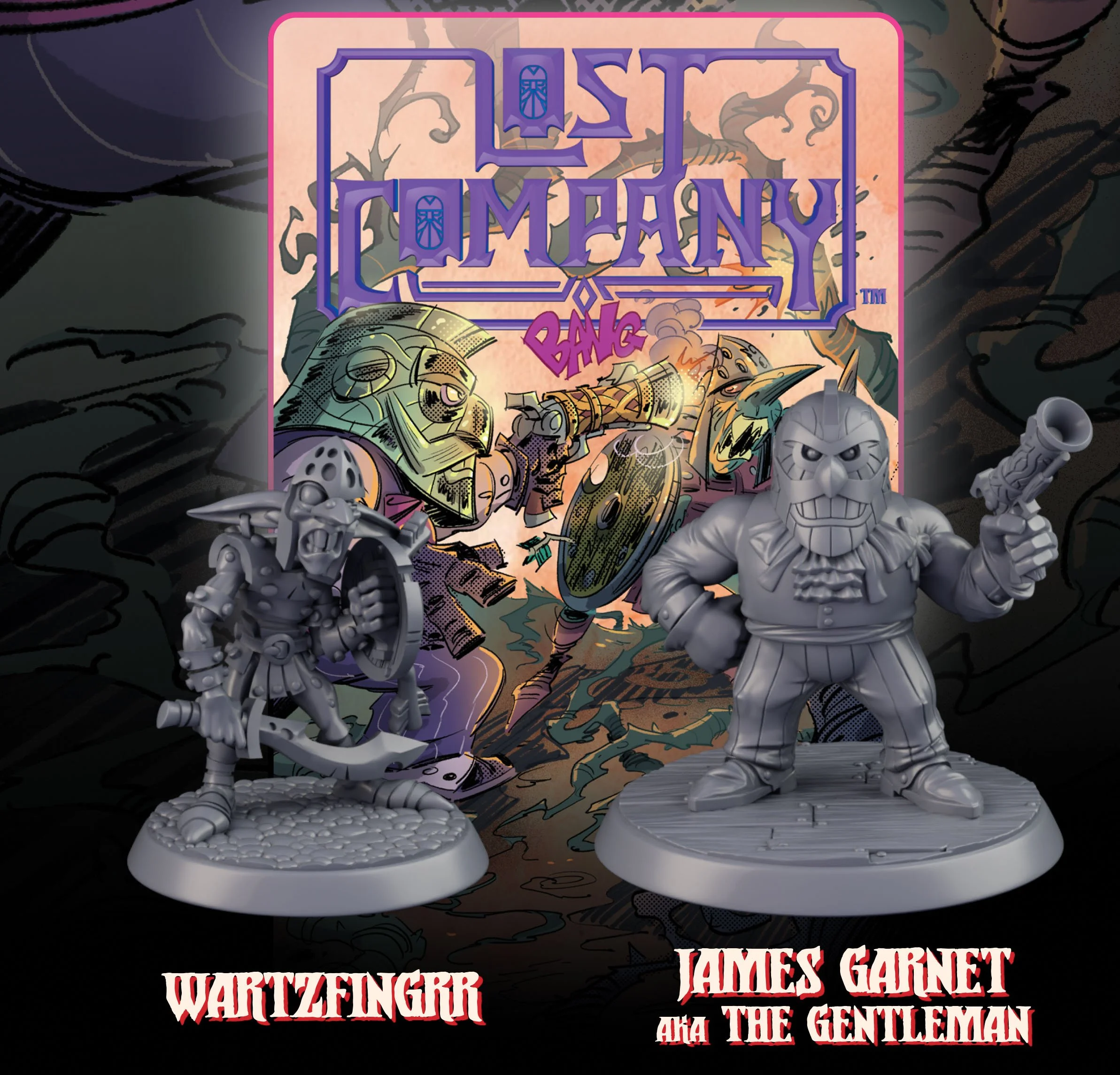Unfinished miniature figures of a medieval knight with a shield and a villain with a gun in front of a colorful poster for 'Last Company Bang' board game.