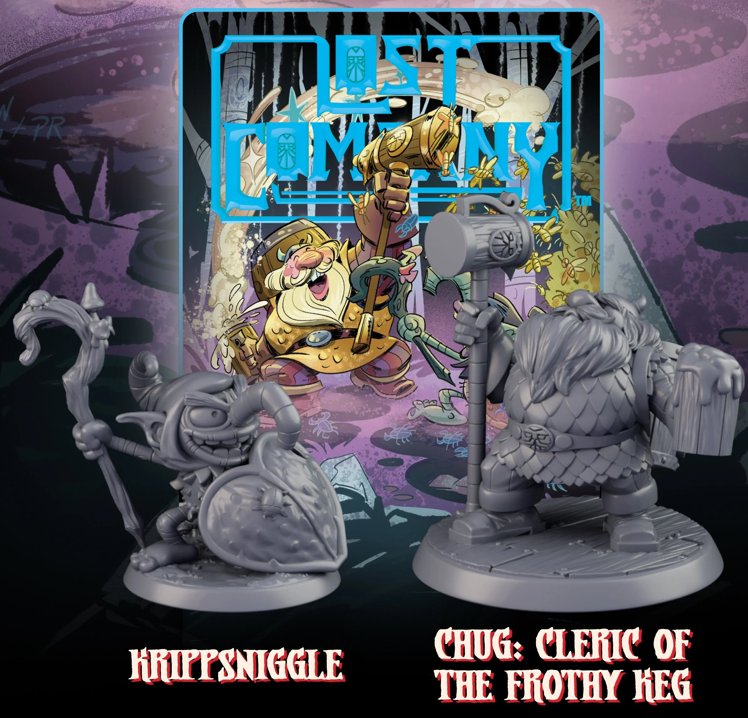 Fantasy-themed game characters with a background of a forest scene and a sign that says "Lost Tomes." The two figurines are labeled "KrippSNIGGLE" and "Chug: Cleric of the Frothy Peg." The characters include a dwarf holding a mug and a shield, and a green creature with a large axe, both are miniature game figurines.