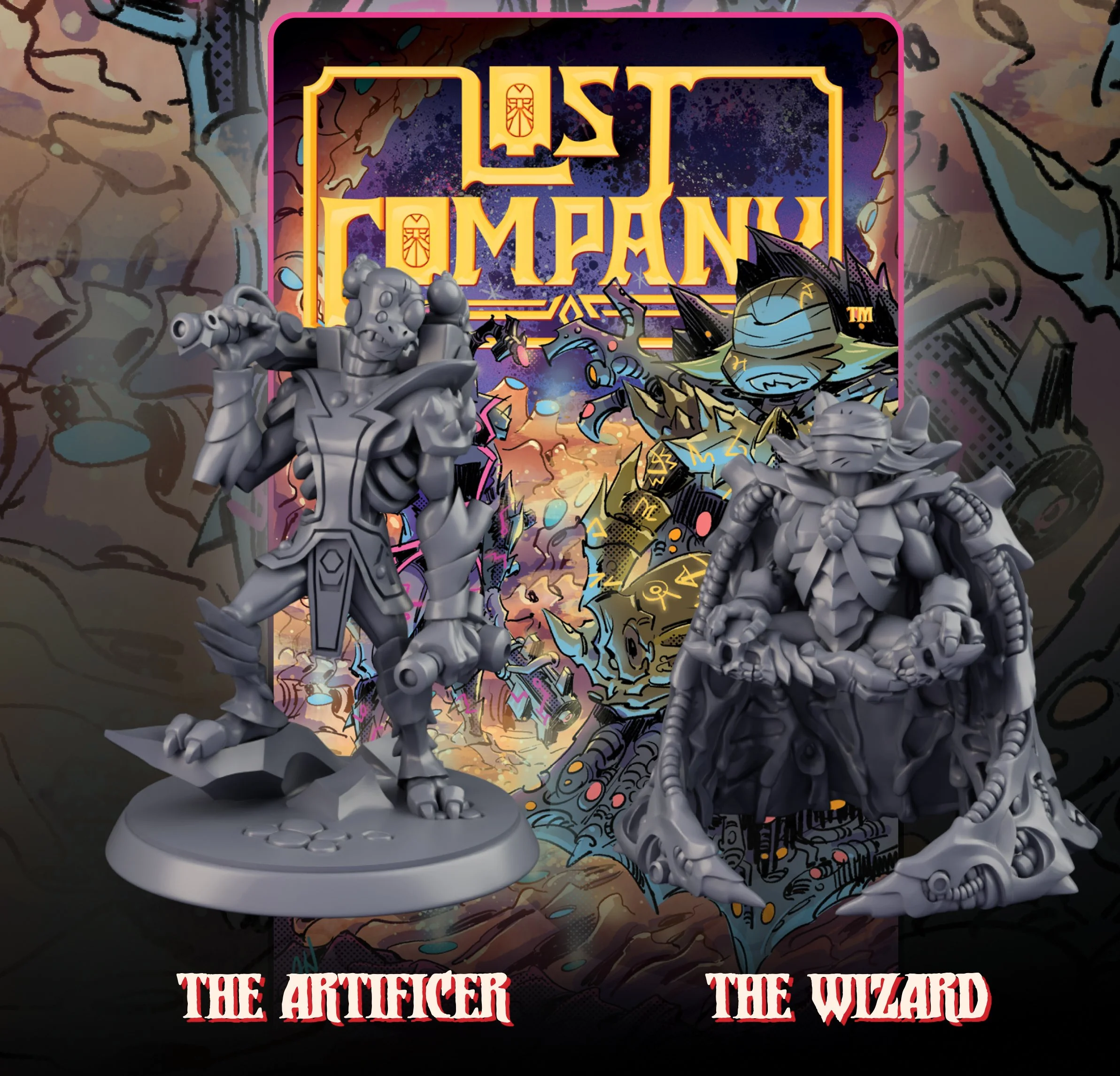 Unpainted miniature figurines of characters labeled as 'The Artificer' and 'The Wizard' in front of colorful, stylized artwork and logo for the game 'Lost Omens'.