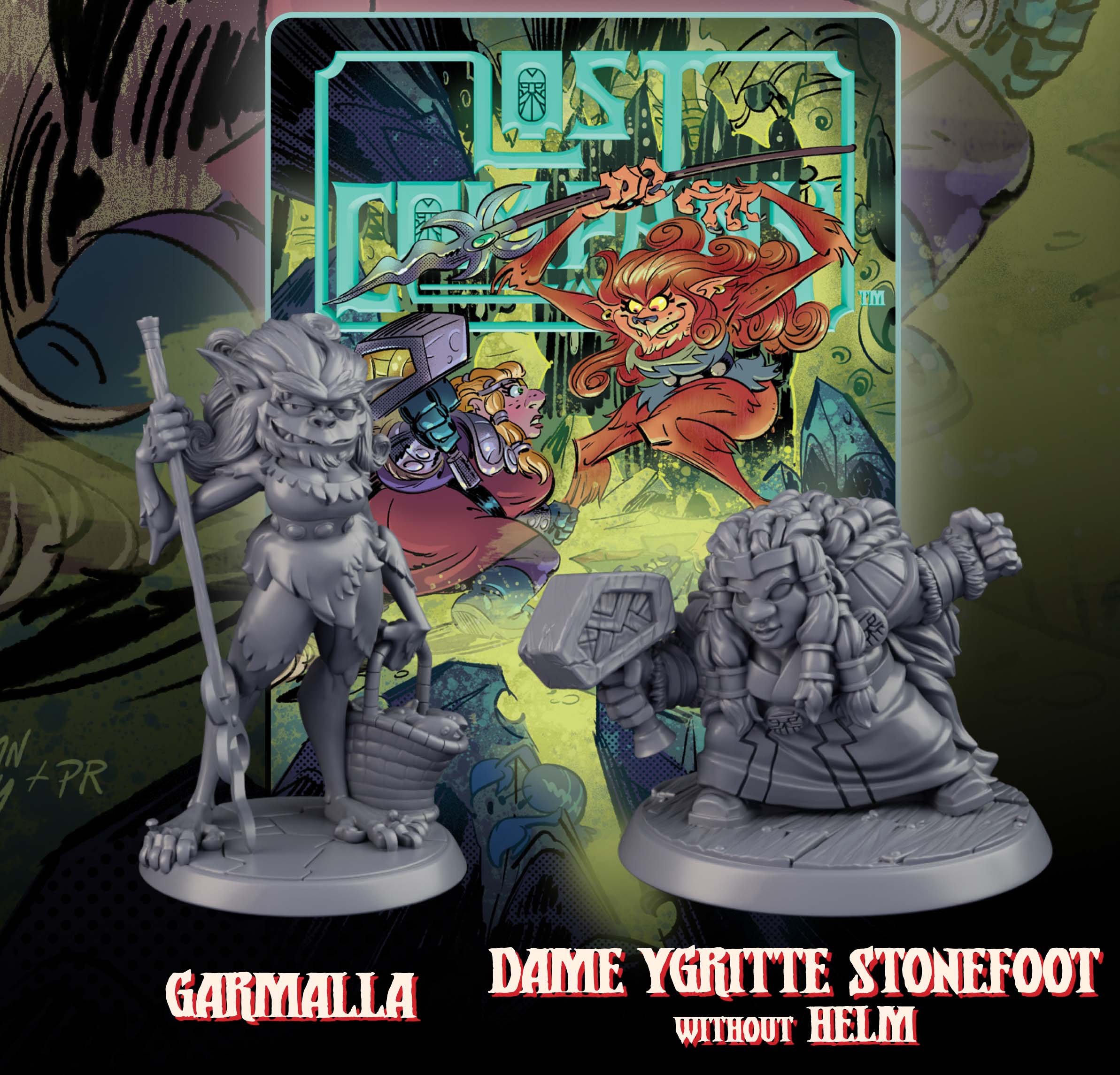 The image features a colorful illustration of a fantasy card game scene, with two sculpted miniatures positioned in the foreground. The left miniature is a humanoid lion warrior with a staff and basket, and the right is a grumpy female dwarf with a hammer. The background showcases a vibrant fantasy setting with characters, likely warriors, confronting a fierce, red-haired creature wielding a spear. The scene is framed with the titles 'GARMALLA' and 'DAIME YGRITTE STONEFOOT WITHOUT HELM' at the bottom.