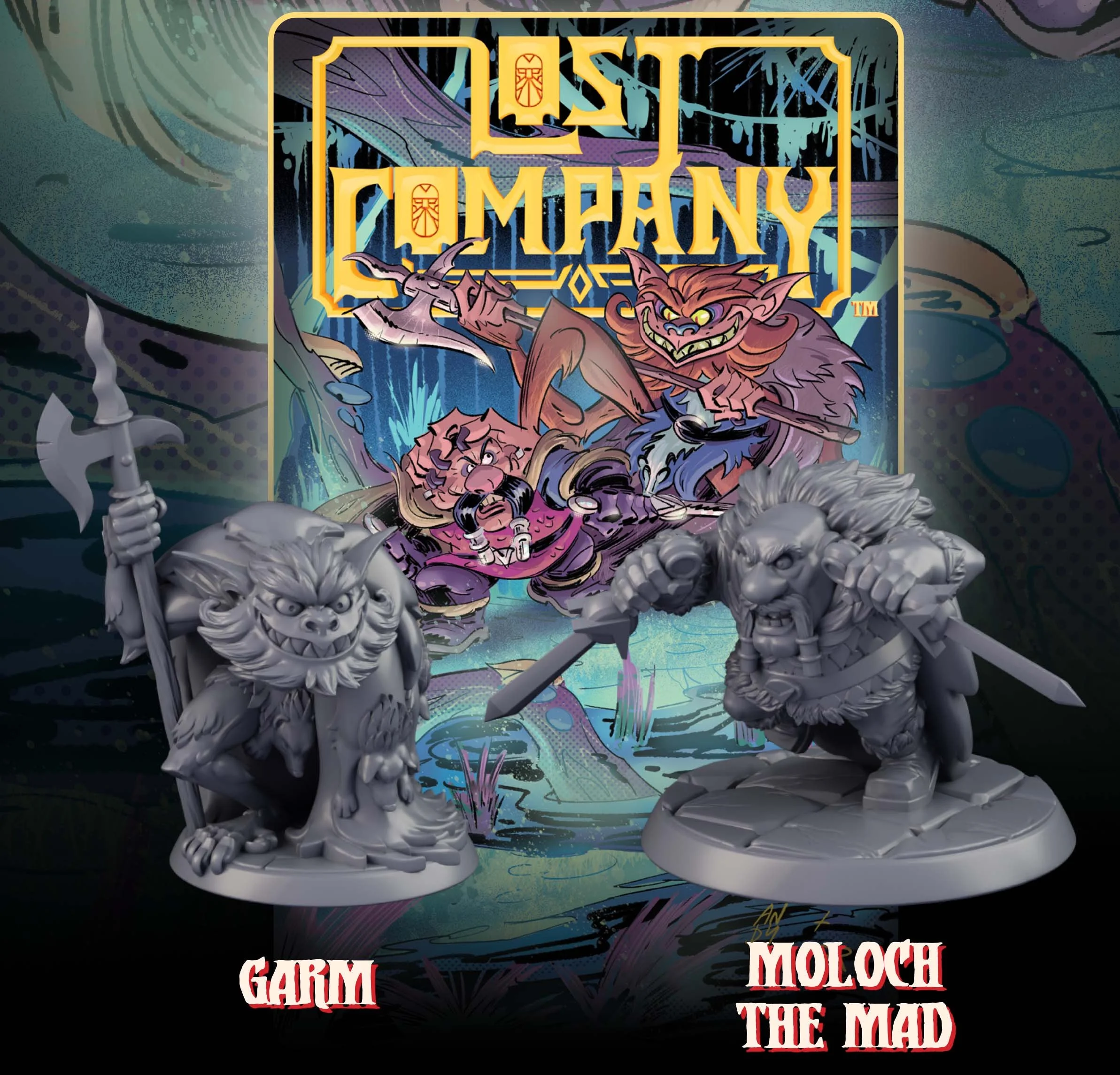 Unpainted miniature figurines of Garm and Moloch the Mad from Dungeons & Dragons in front of a colorful, fantasy-themed artwork banner.
