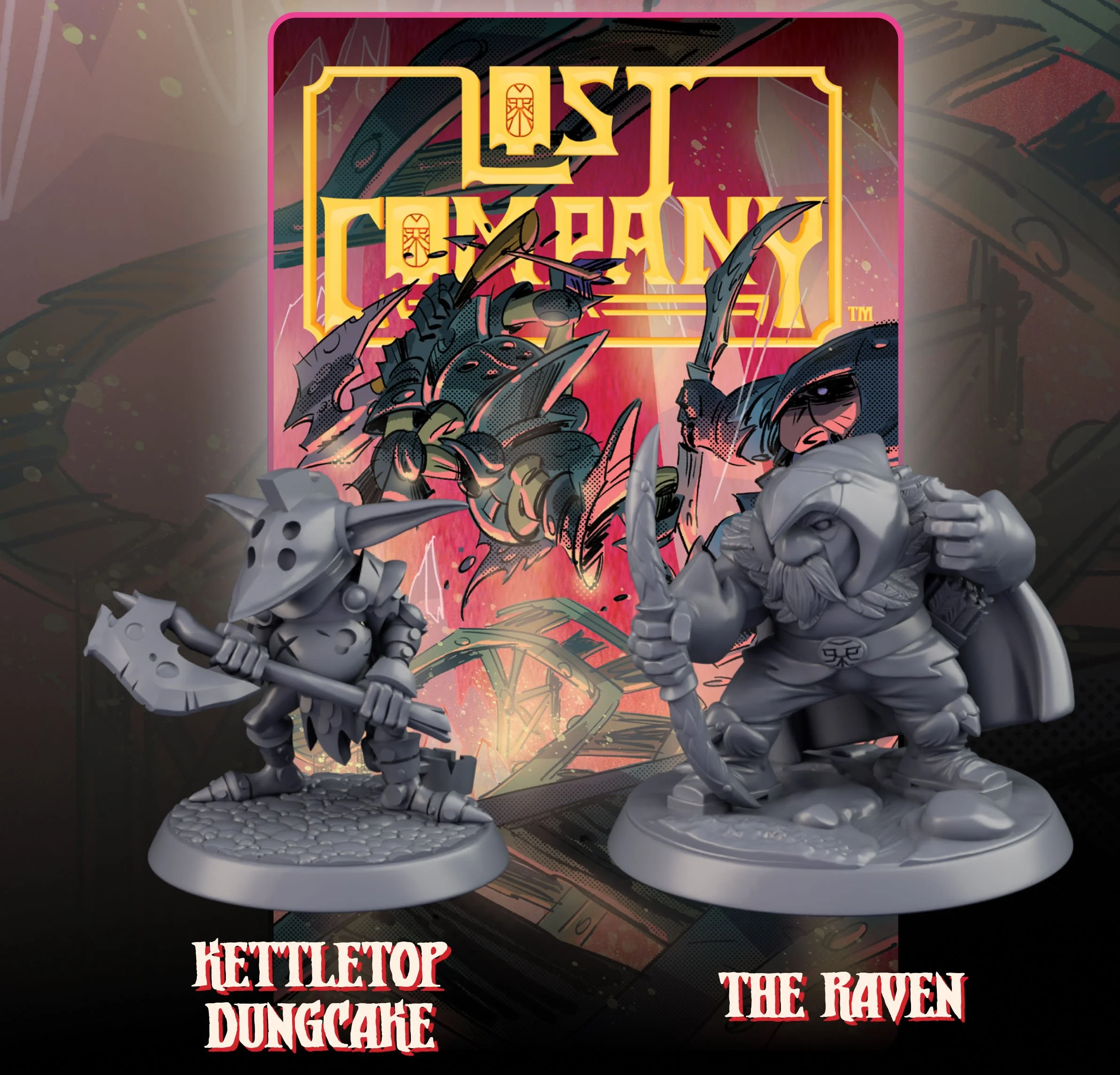 Two miniature figurines, Hettletop Dungcage and The Raven, are displayed in front of a box cover for a board game called Lost Ruins of Arnak. The figurine on the left is a small armored warrior with a horned helmet, holding a large axe. The figurine on the right is a dwarf with a beard, holding a bow and wearing a cape. The box cover features animated artwork of a flying insect or robot and a female explorer, with the game title in bright yellow letters.