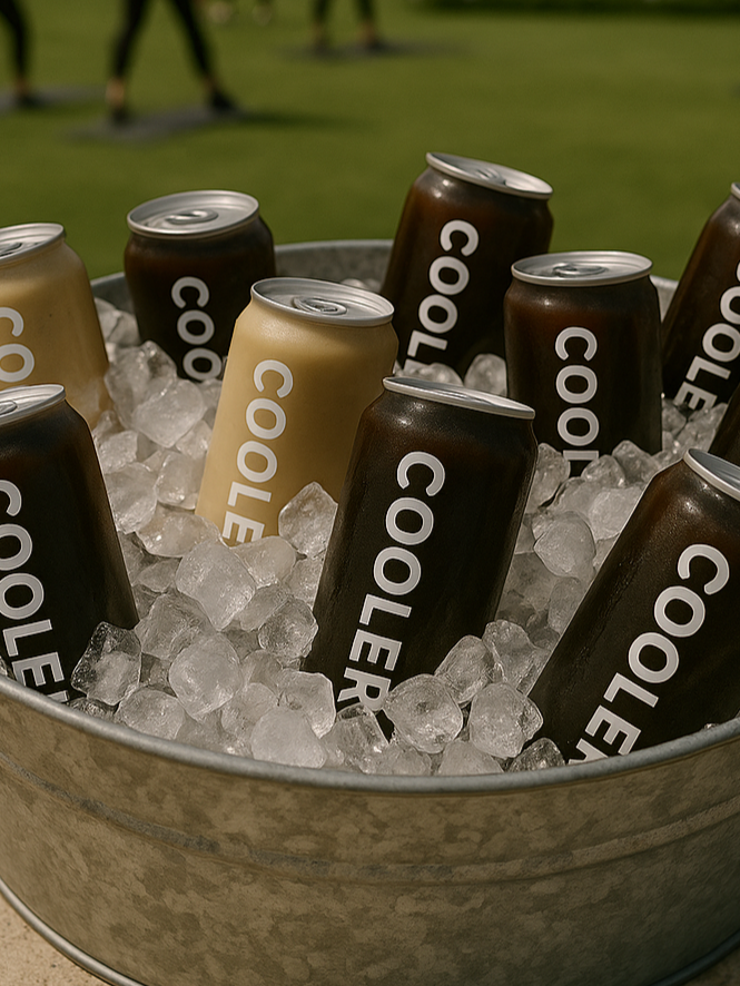 A metal tub filled with ice and cans of Coolers drinks, with mostly black cans and one beige can, set against a blurred outdoor background. On-site canning machine drinks in Miami and New York. Mobile Coffee Bar. Custom Drink Events wellness events