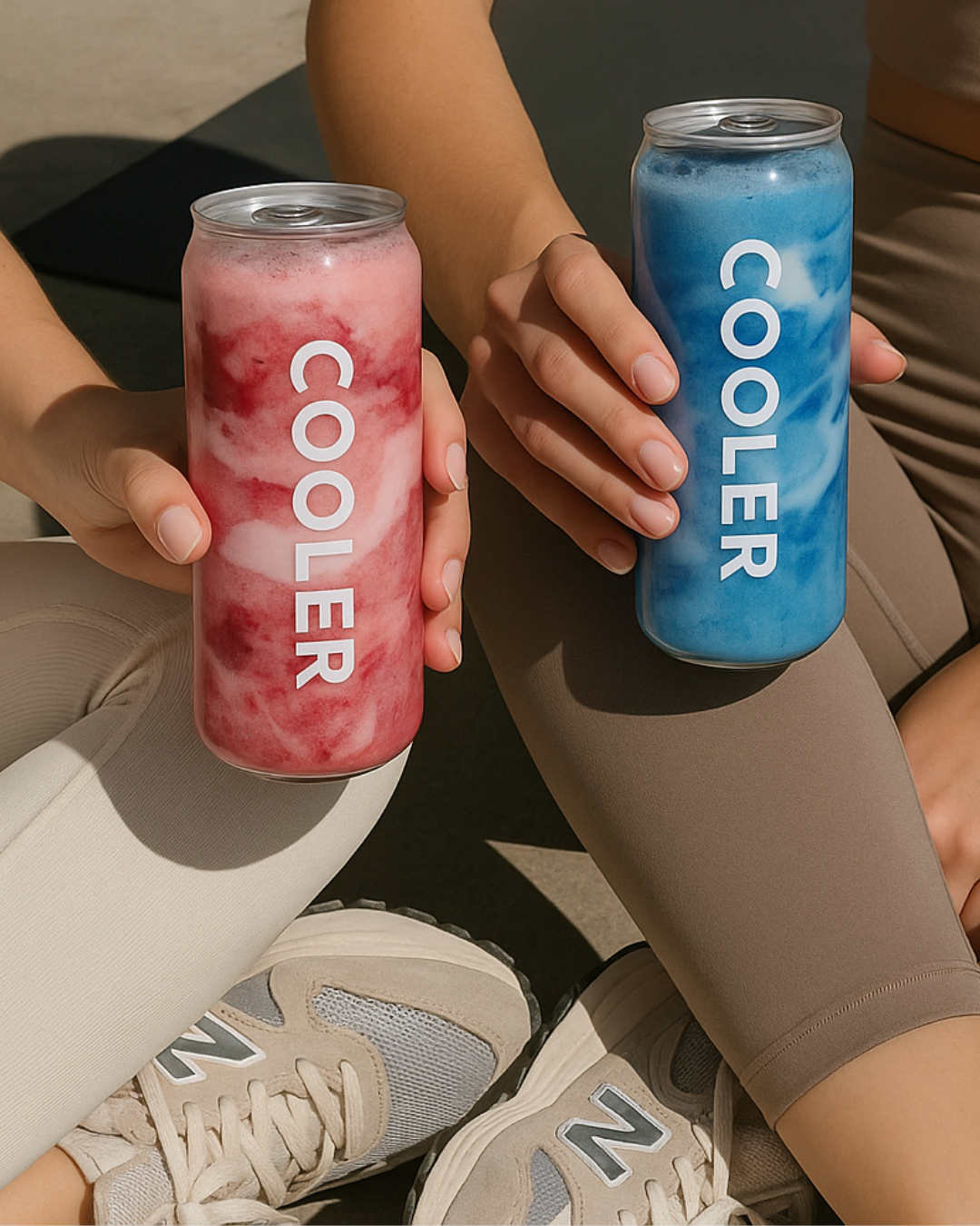 Two people sitting outdoors holding colorful cans of Celsius energy drinks, one red and white and the other blue and white. On-site canning machine drinks in Miami and New York. Mobile Smoothie Bar. Custom Drink Events wellness events