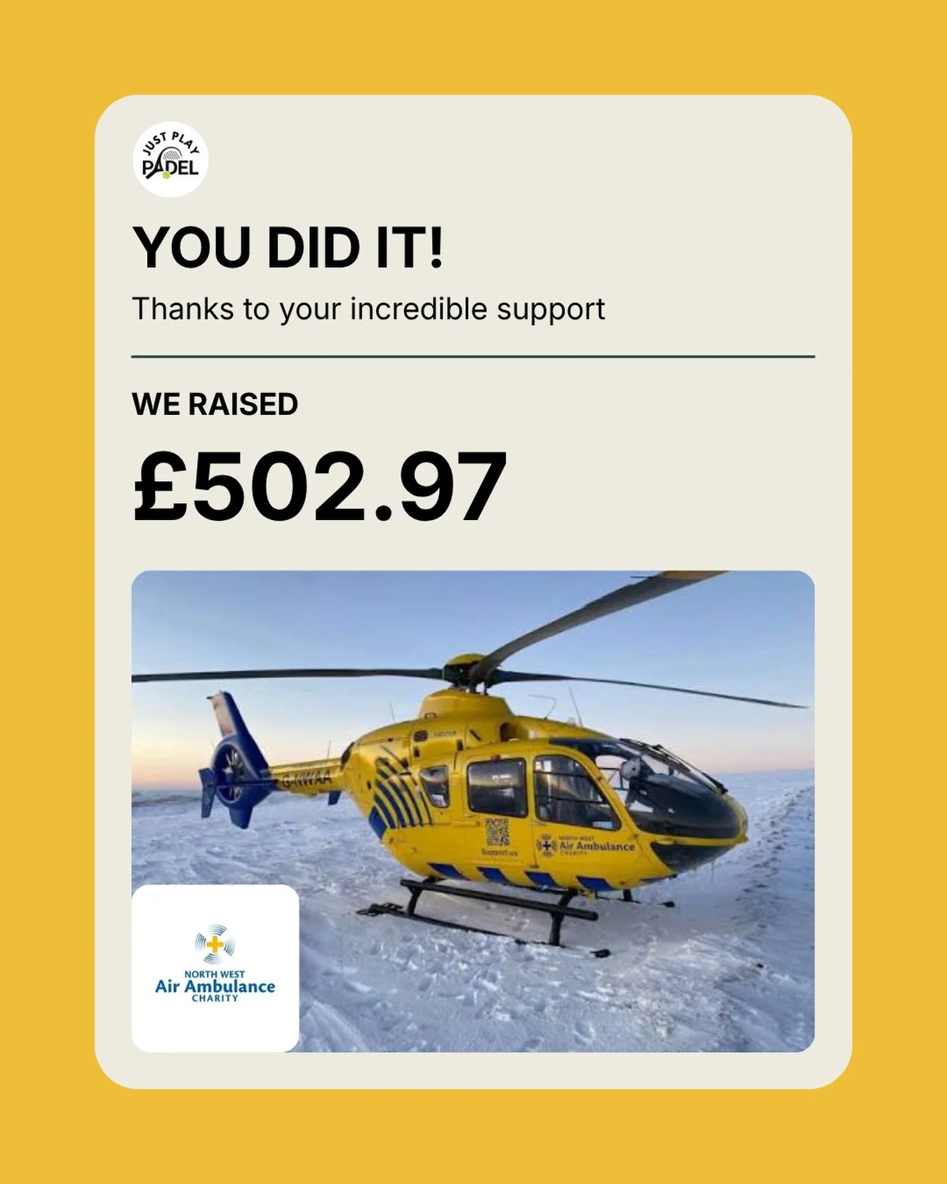 England aren&rsquo;t the only winners this weekend. 💛🚁

Thanks to everyone who came along to our Open Day, played padel, grabbed a pizza, watched the action, or simply showed their support.

Together, we raised &pound;502.97 for North West Air Ambu