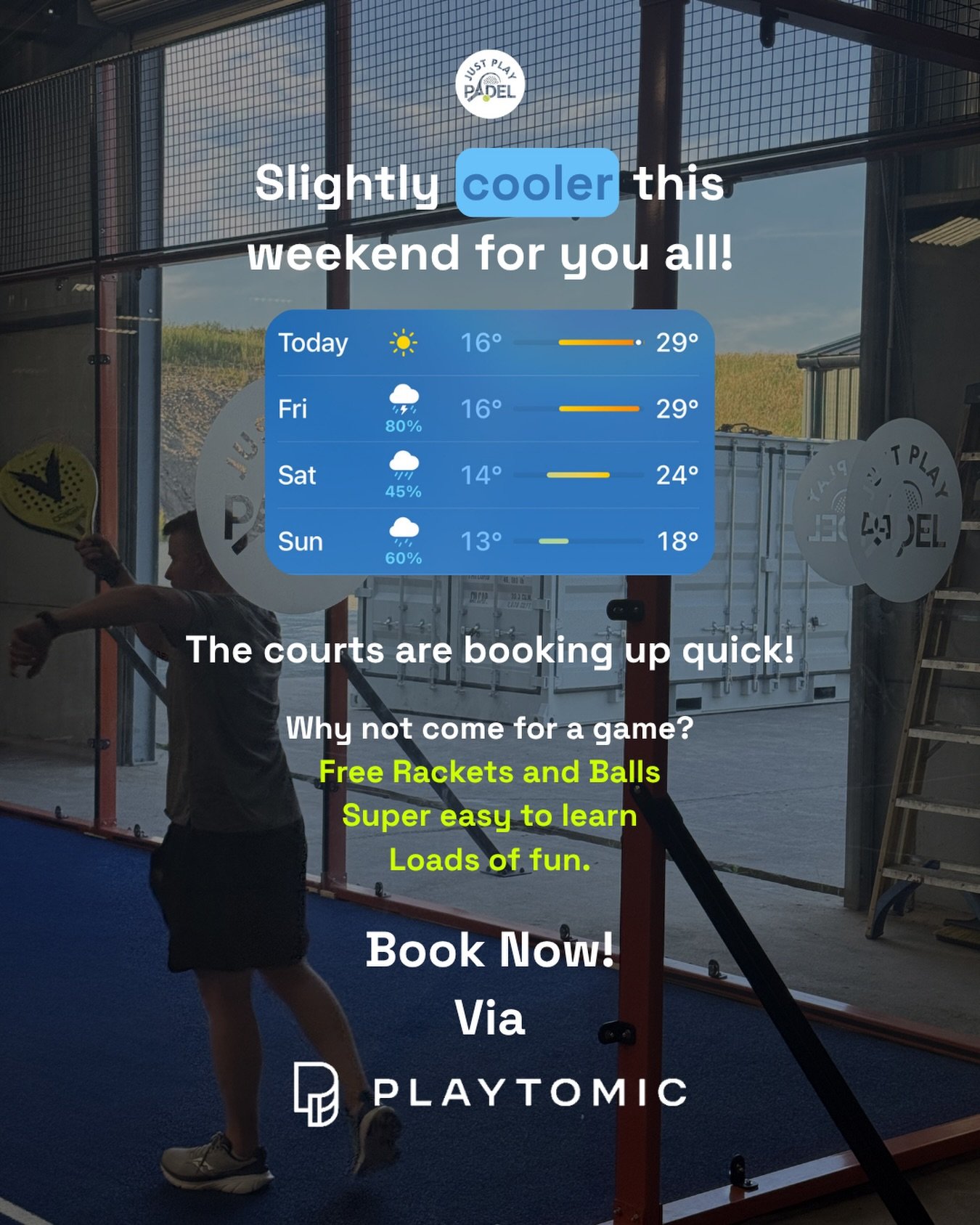 Looking for something to do this weekend? 🎾

The temperatures are dropping slightly, making it the perfect time to get on court and give padel a go.

Whether you&rsquo;re coming with friends, family or workmates, padel is easy to learn, great fun an